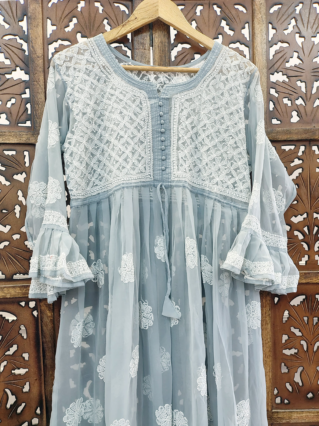 Grey Georgette A-Line Kurti Lucknow Chikankari Kurta
