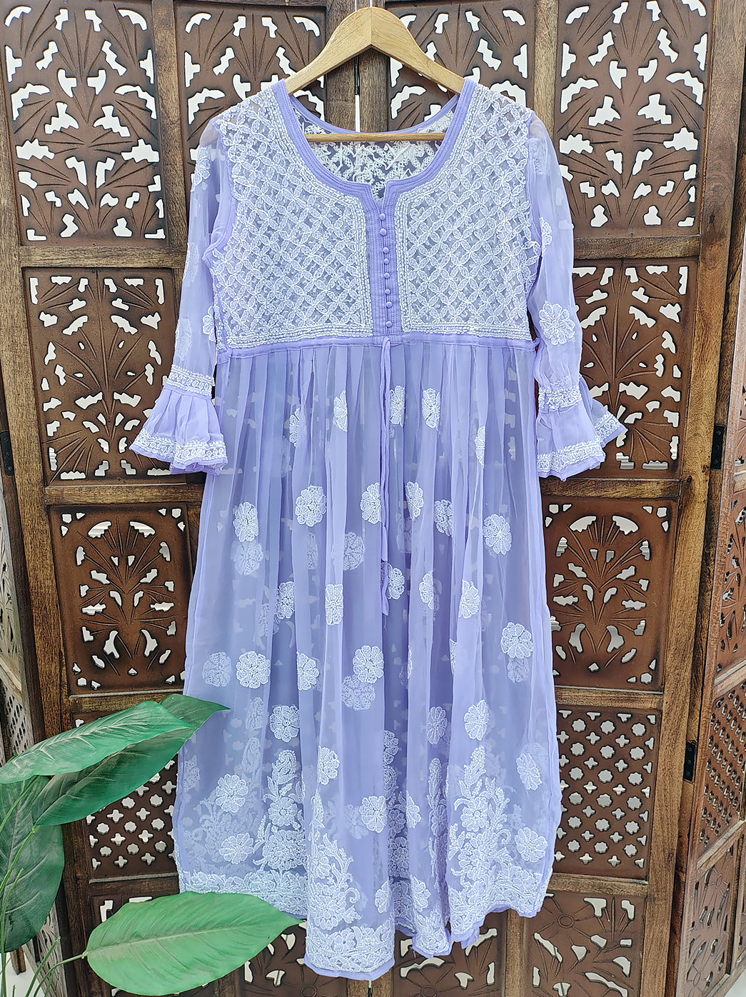 Lavender Georgette A-Line Kurti Lucknow Chikankari Kurta