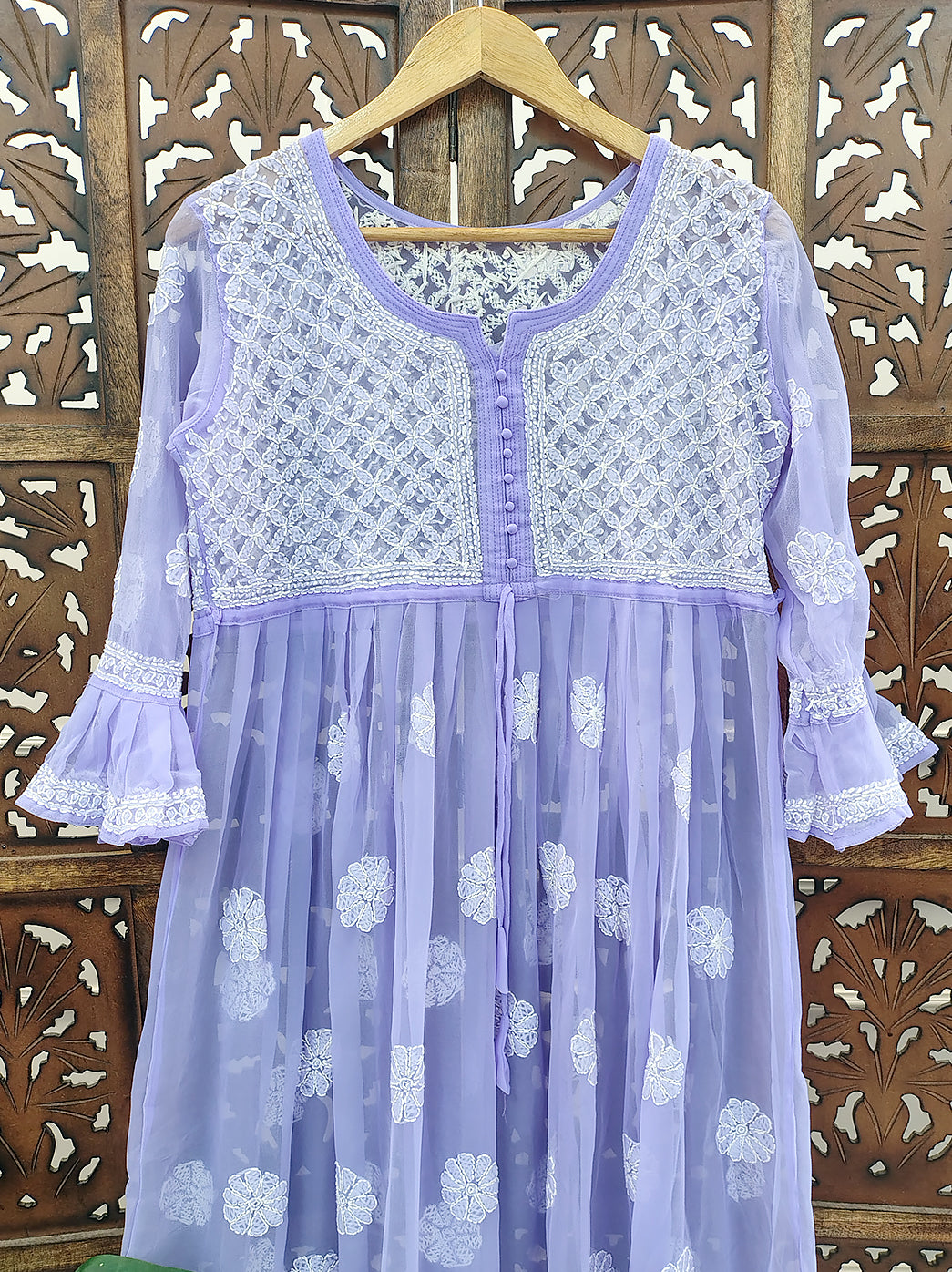 Lavender Georgette A-Line Kurti Lucknow Chikankari Kurta