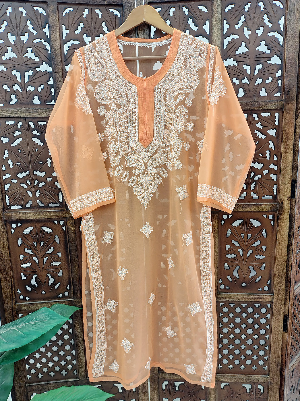 Peach Georgette Chikankari Straight Kurti