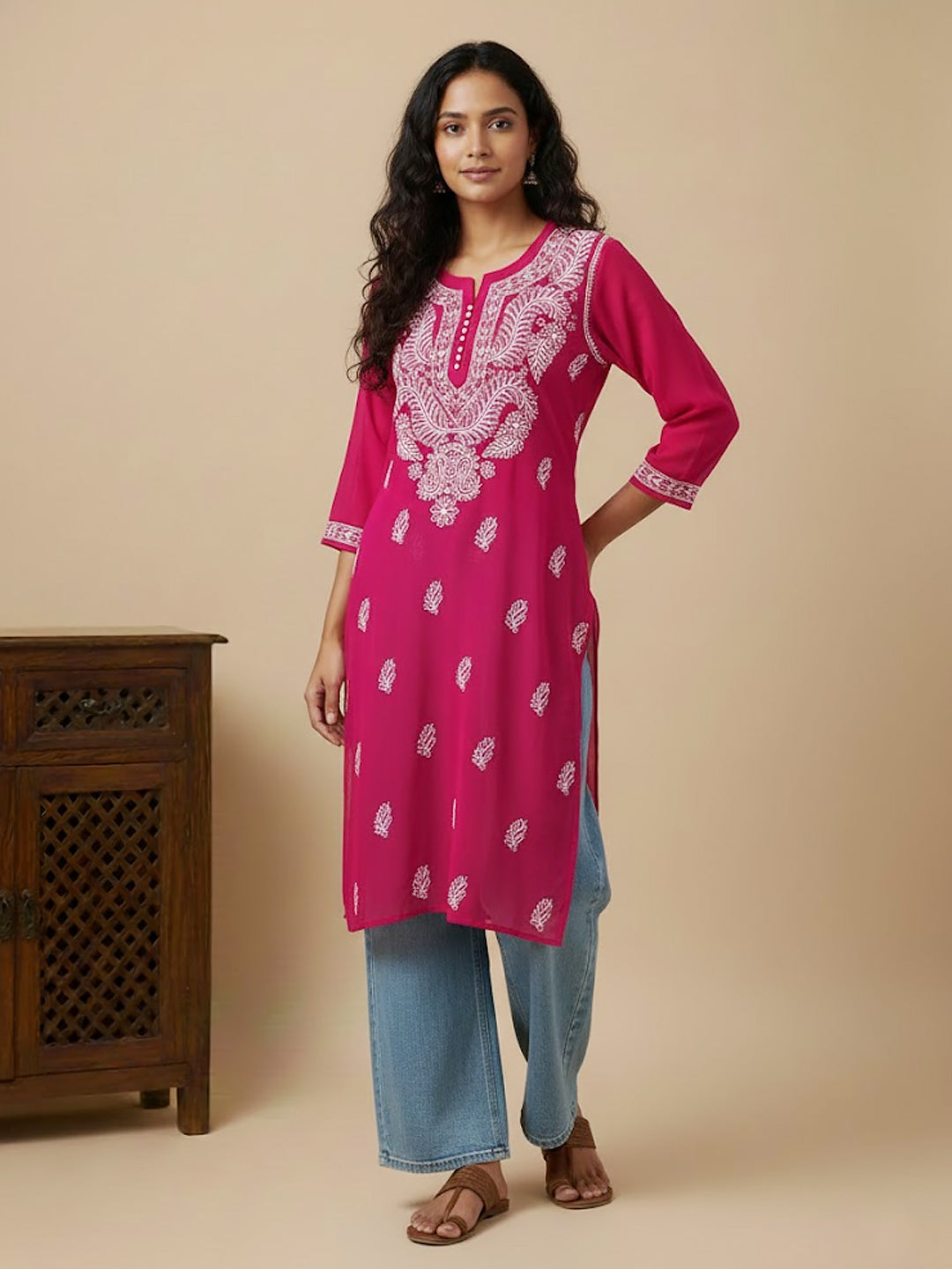 Red Georgette Chikankari Straight Kurti