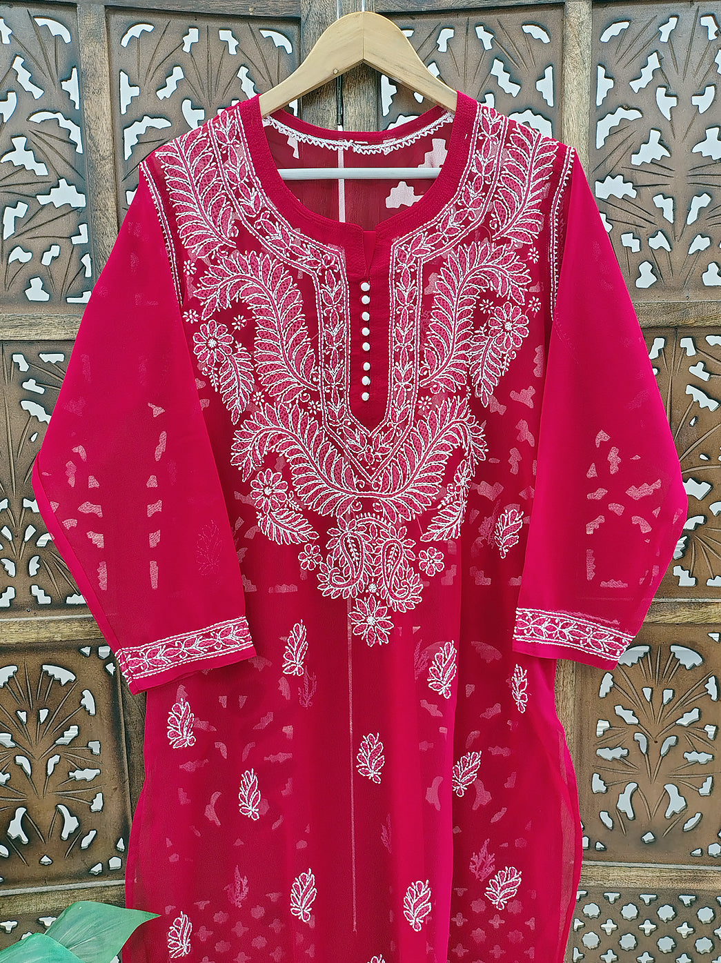 Red Georgette Chikankari Straight Kurti
