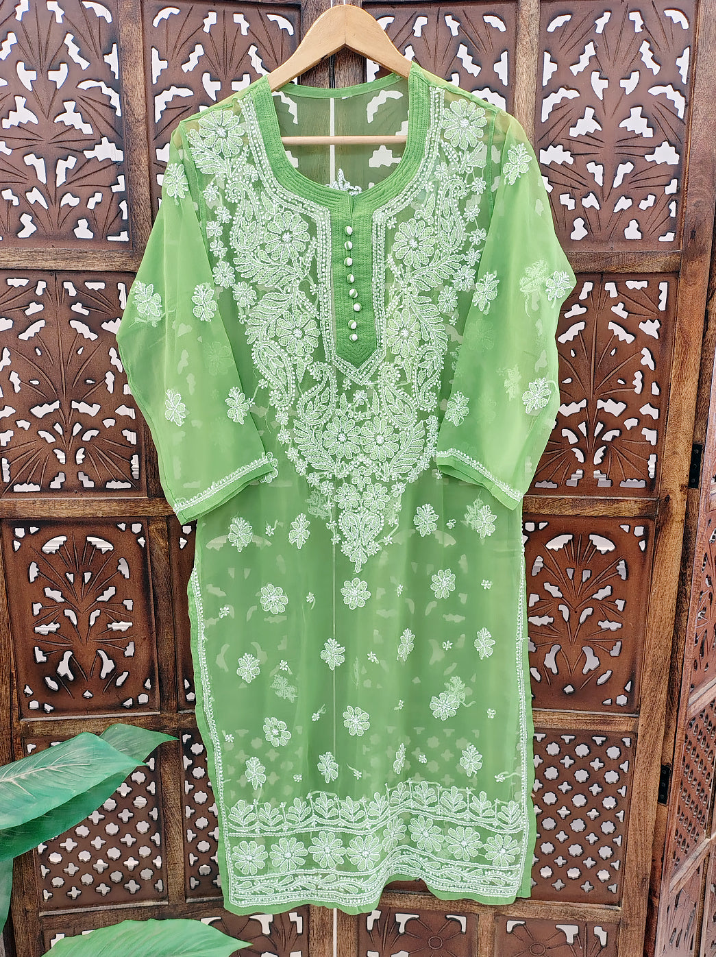 Green Georgette Chikankari Straight Kurti
