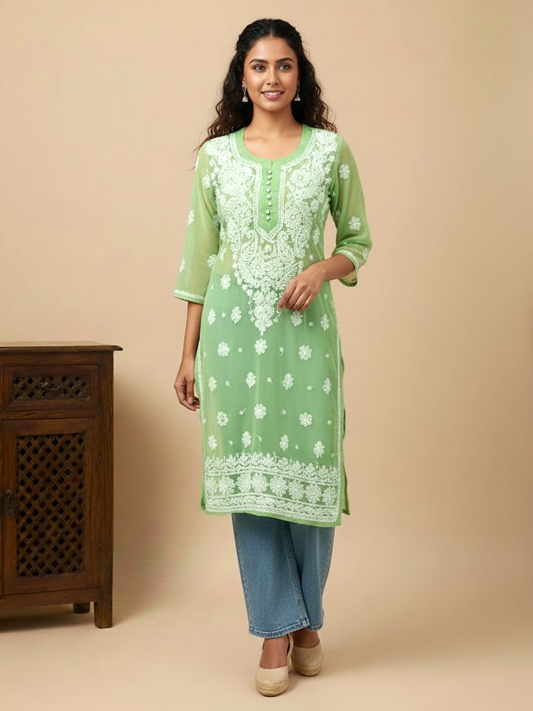 Green Georgette Chikankari Straight Kurti