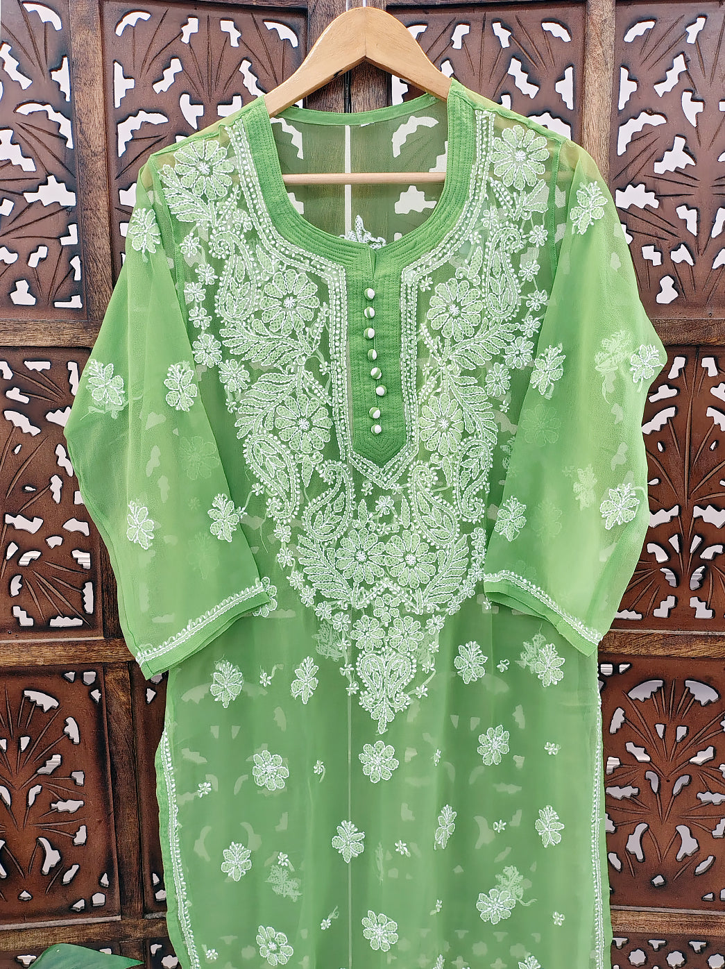 Green Georgette Chikankari Straight Kurti