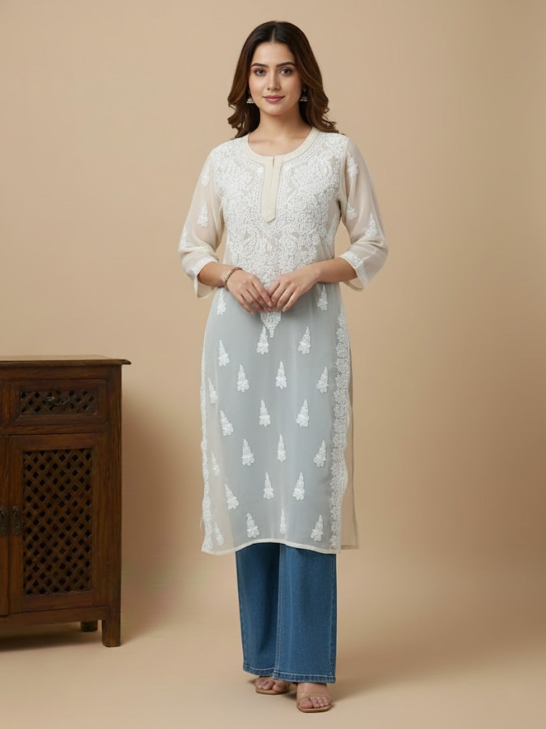 Beige Georgette Chikankari Straight Kurti