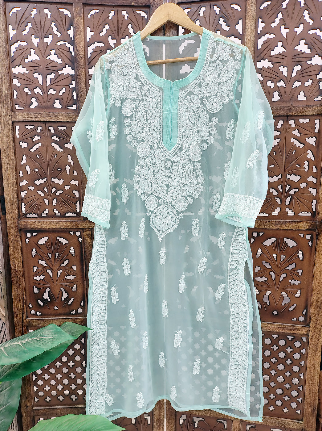 Sea Green Georgette Chikankari Straight Kurti
