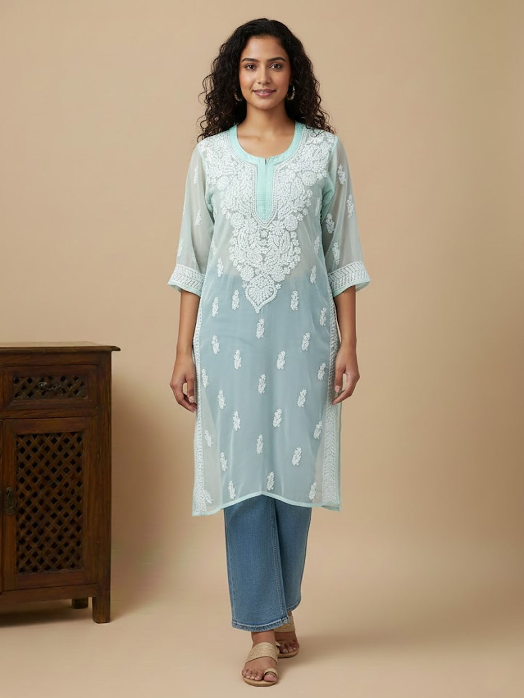 Sea Green Georgette Chikankari Straight Kurti