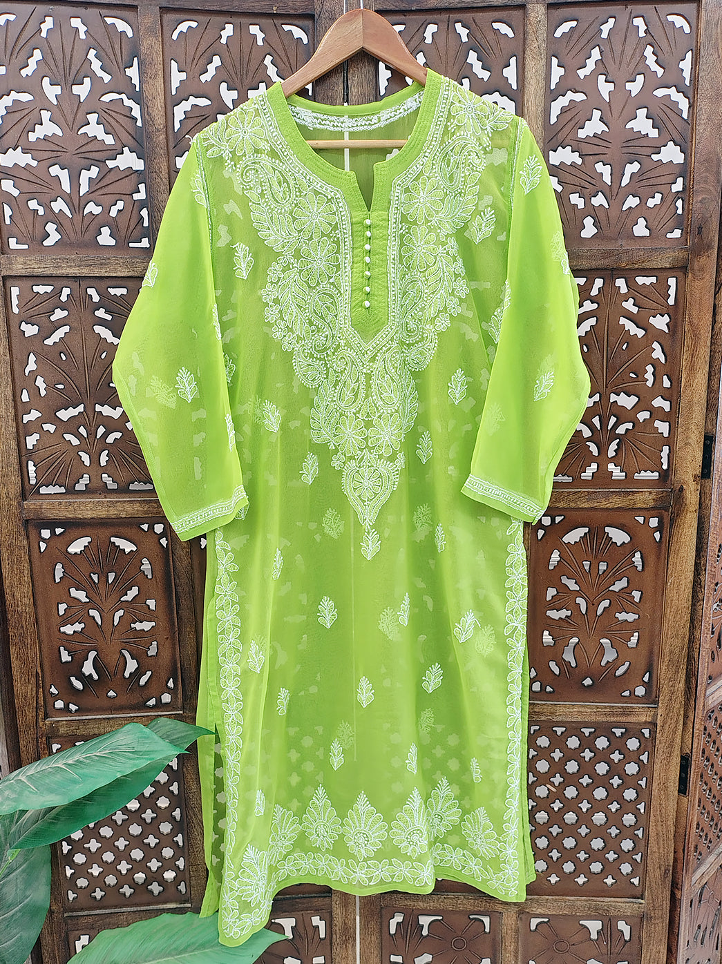 Pista Green Georgette Chikankari Straight Kurti