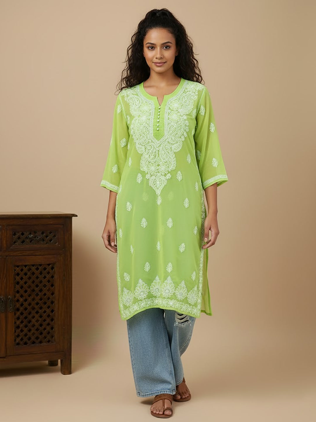 Pista Green Georgette Chikankari Straight Kurti