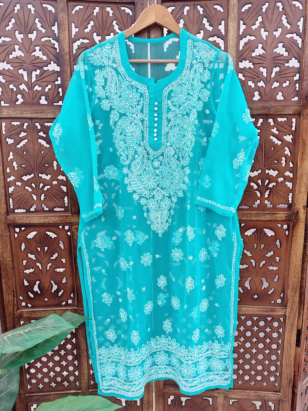 Sea Green Georgette Chikankari Straight Kurti