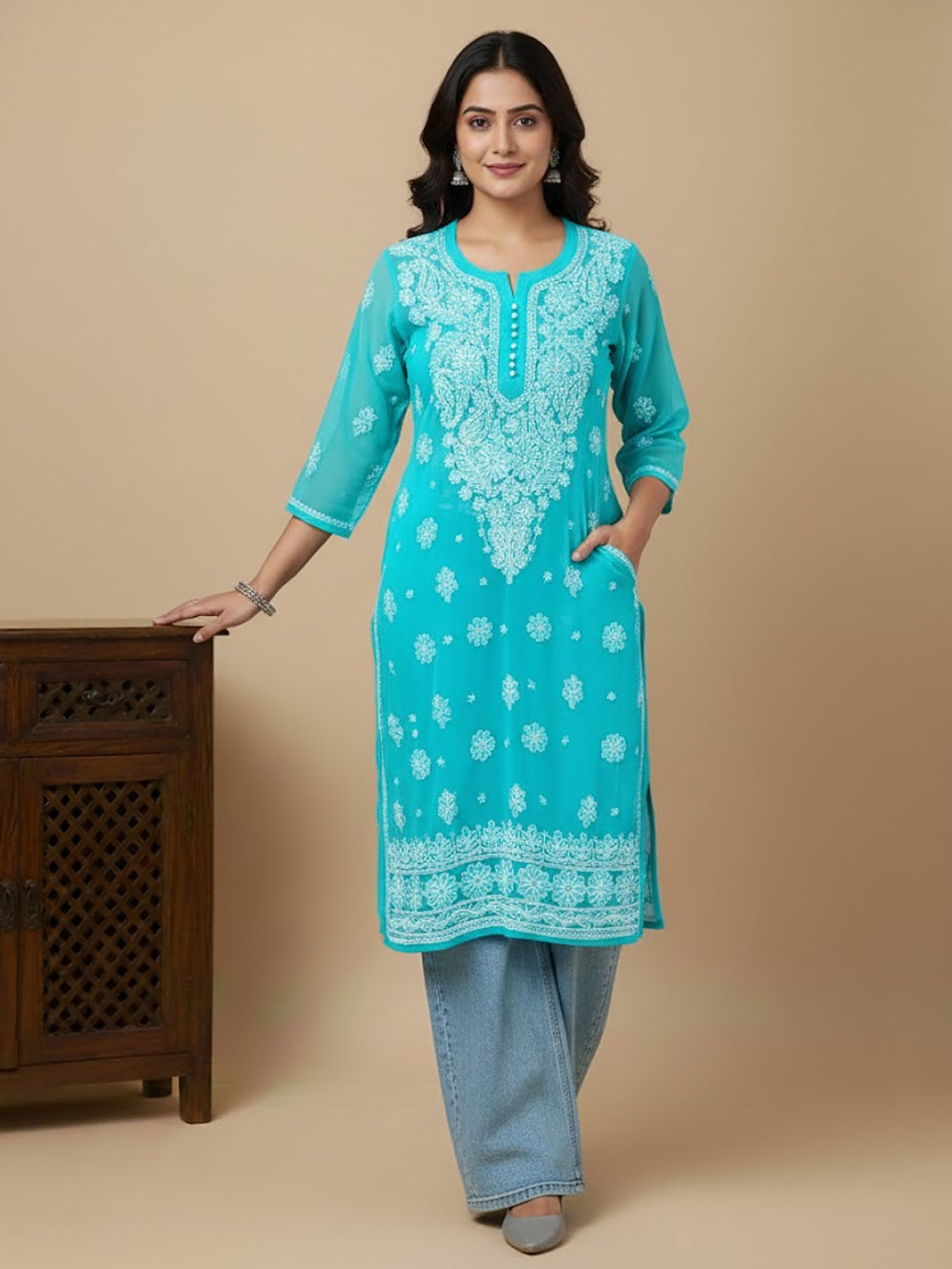 Sea Green Georgette Chikankari Straight Kurti