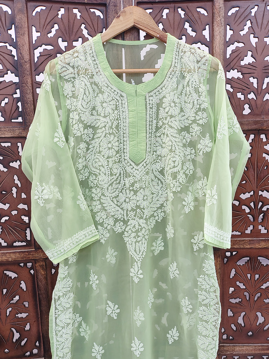 Green Georgette Chikankari Straight Kurti