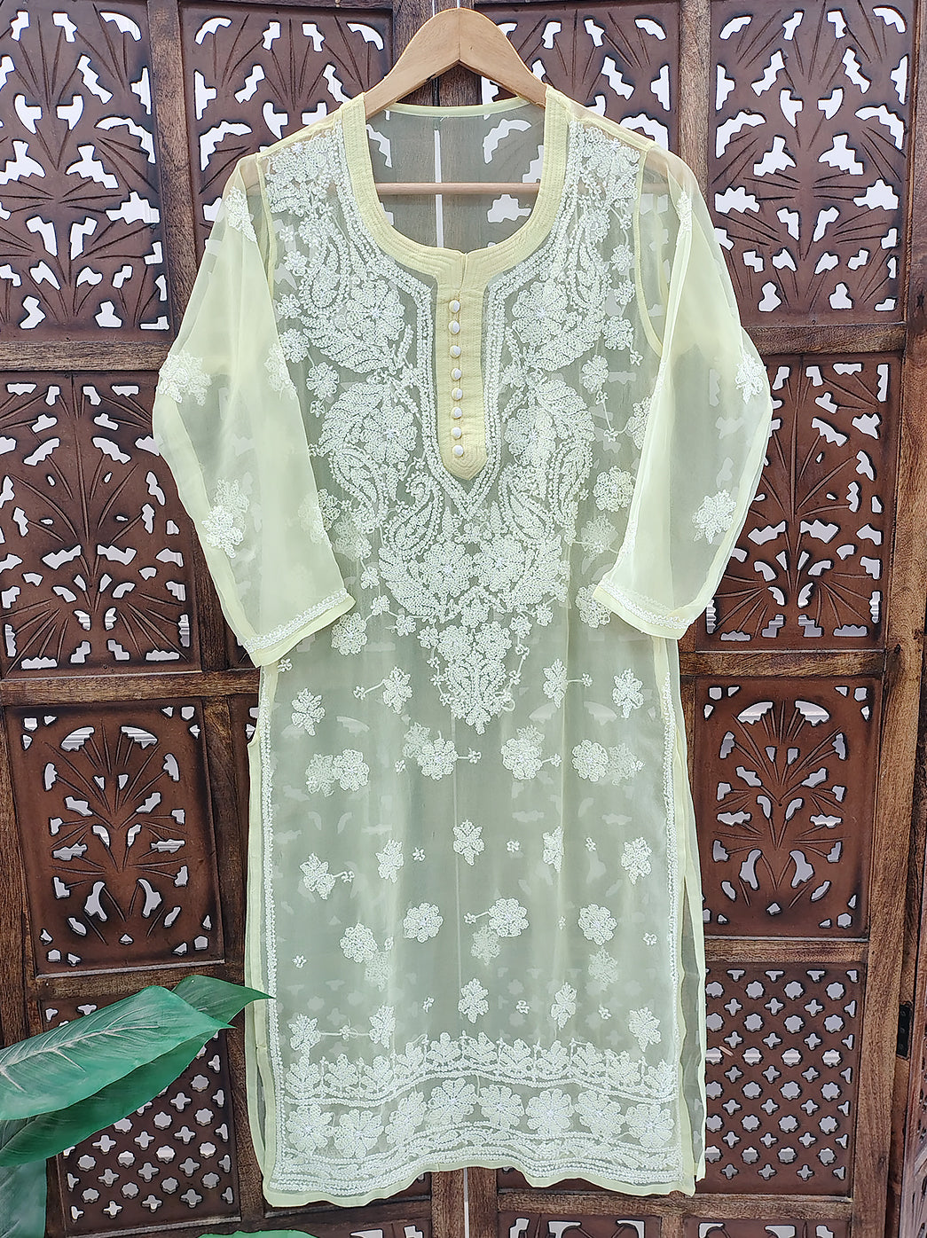 Lime Yellow Georgette Chikankari Straight Kurti