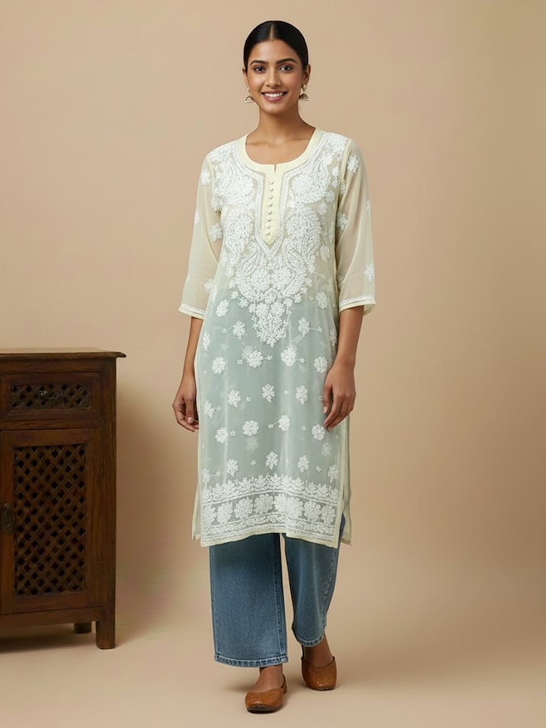 Lime Yellow Georgette Chikankari Straight Kurti