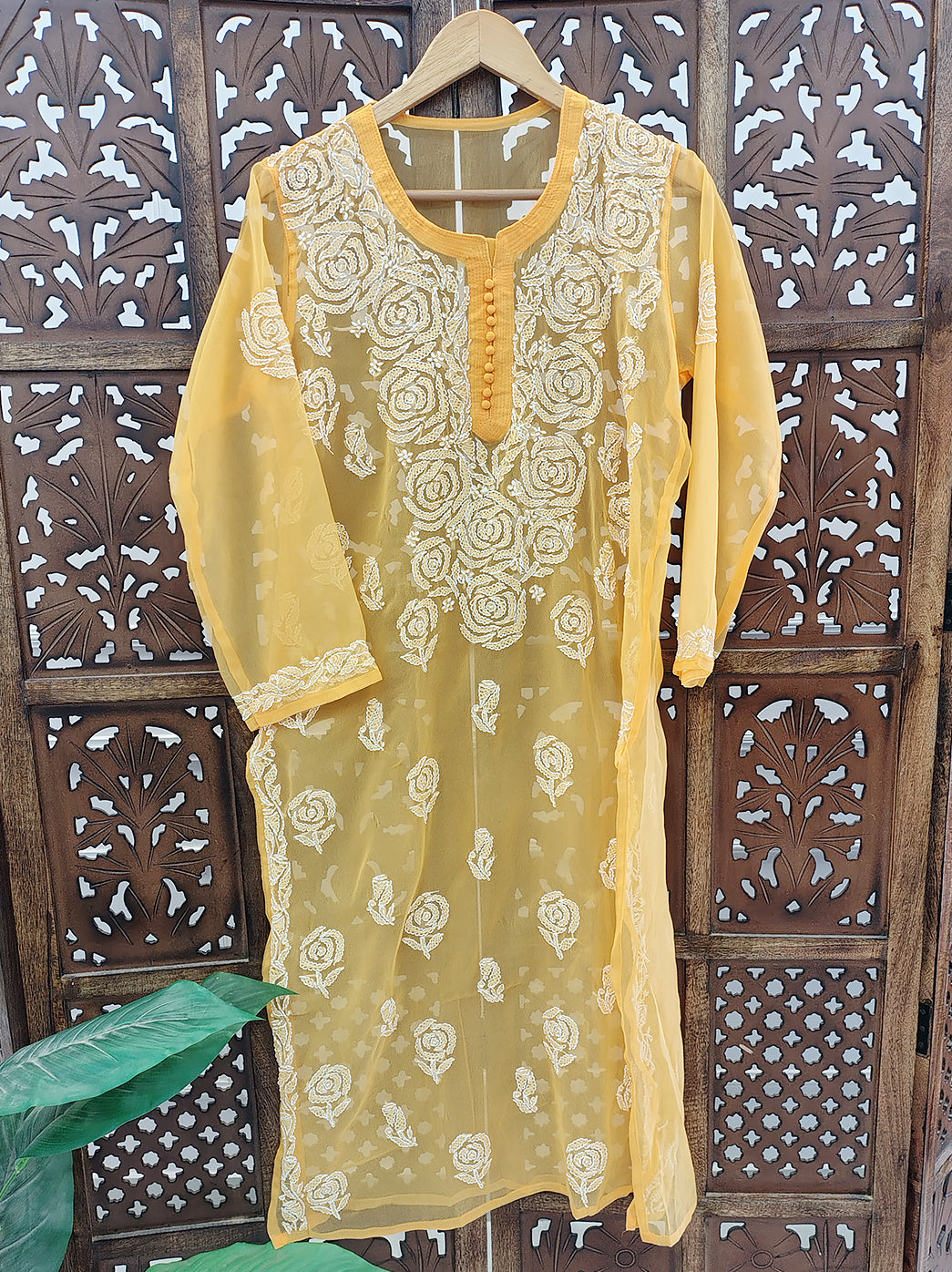 Yellow Georgette Chikankari Straight Kurti