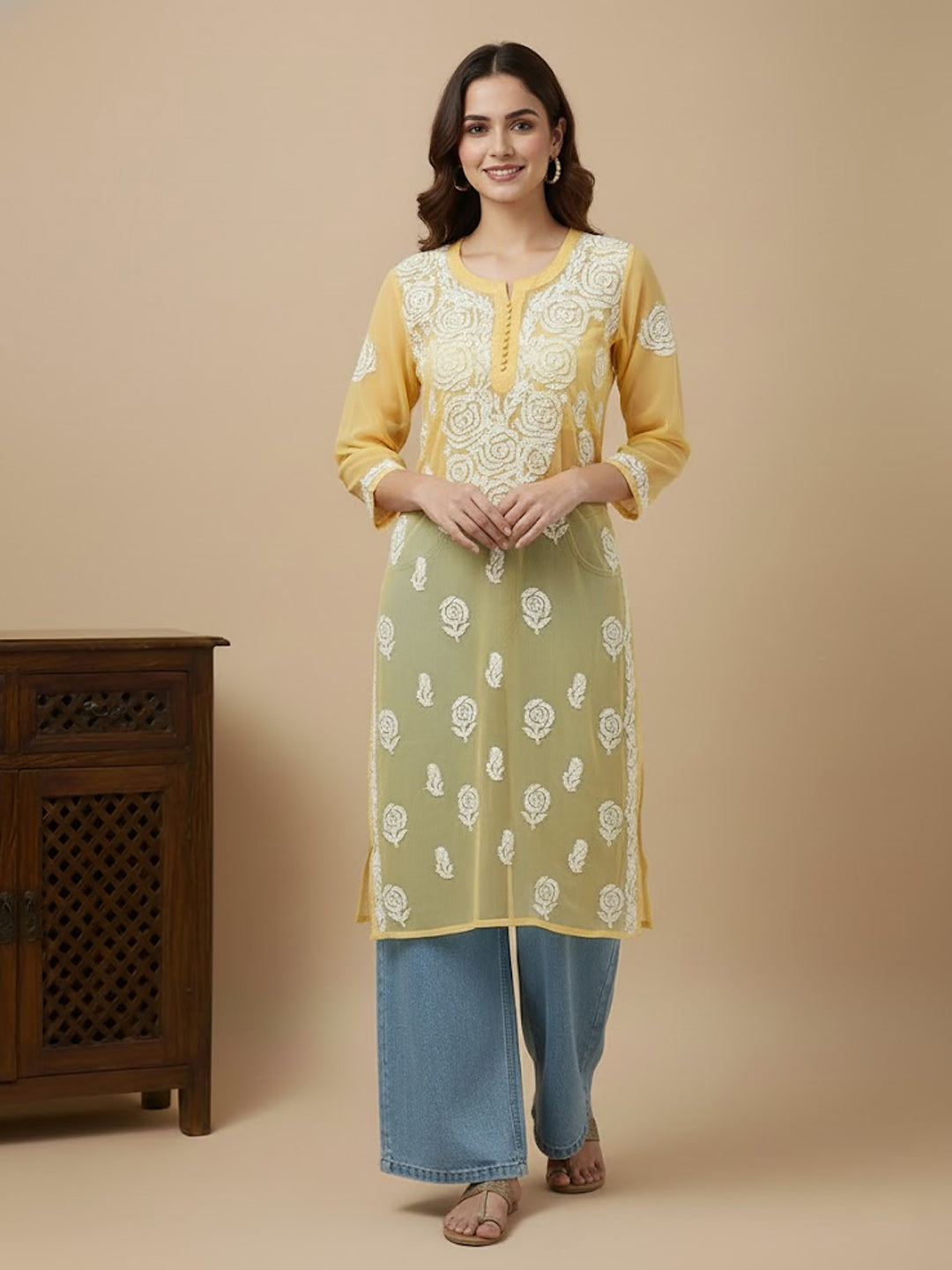 Yellow Georgette Chikankari Straight Kurti