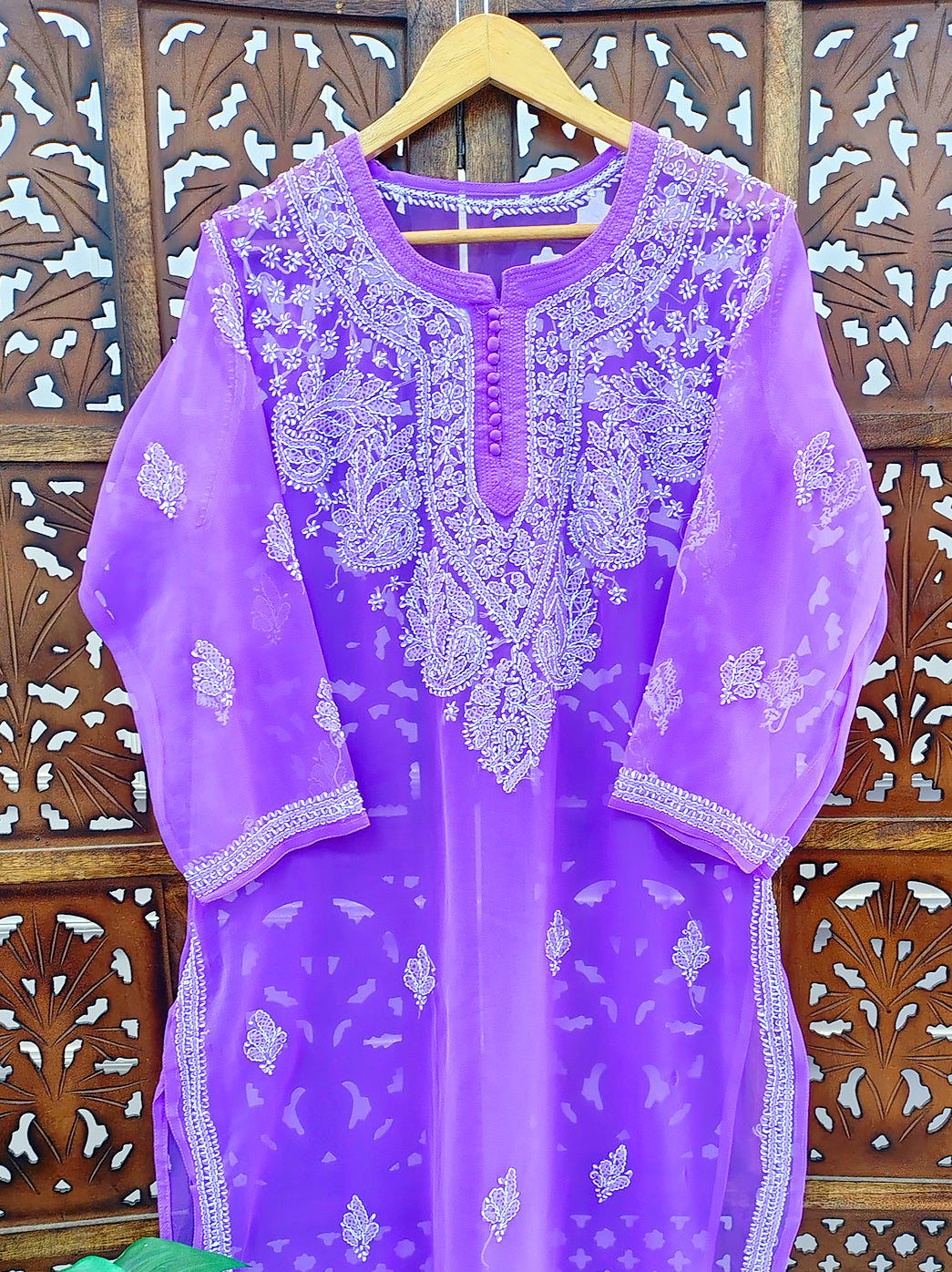 Lavender Georgette Chikankari Straight Kurti
