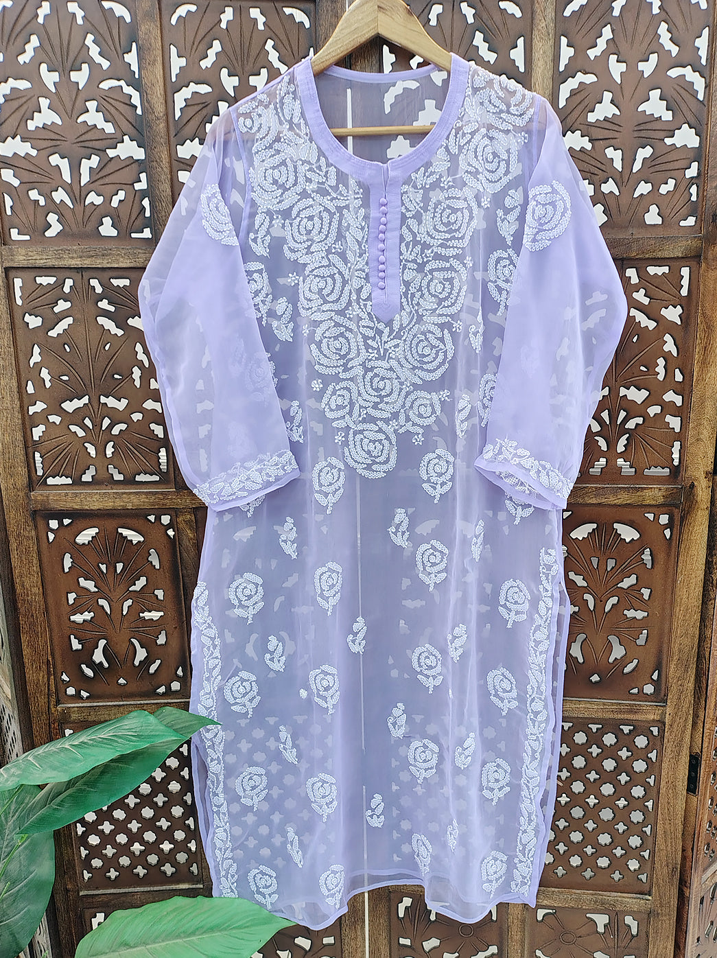 Lavender Georgette Chikankari Straight Kurti