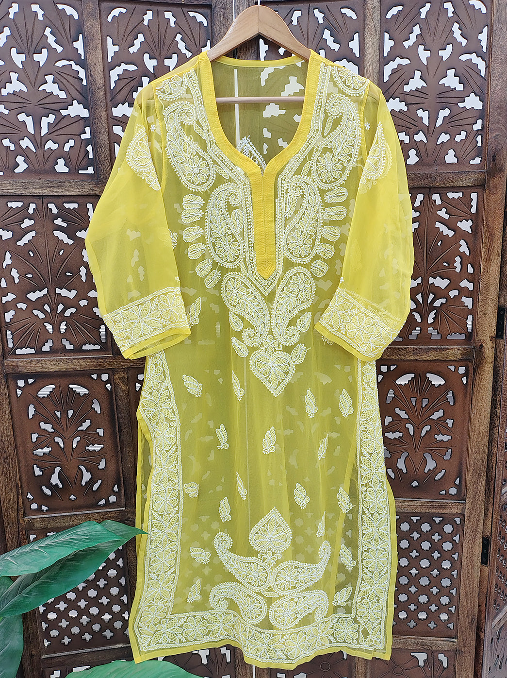 Yellow Georgette Chikankari Straight Kurti