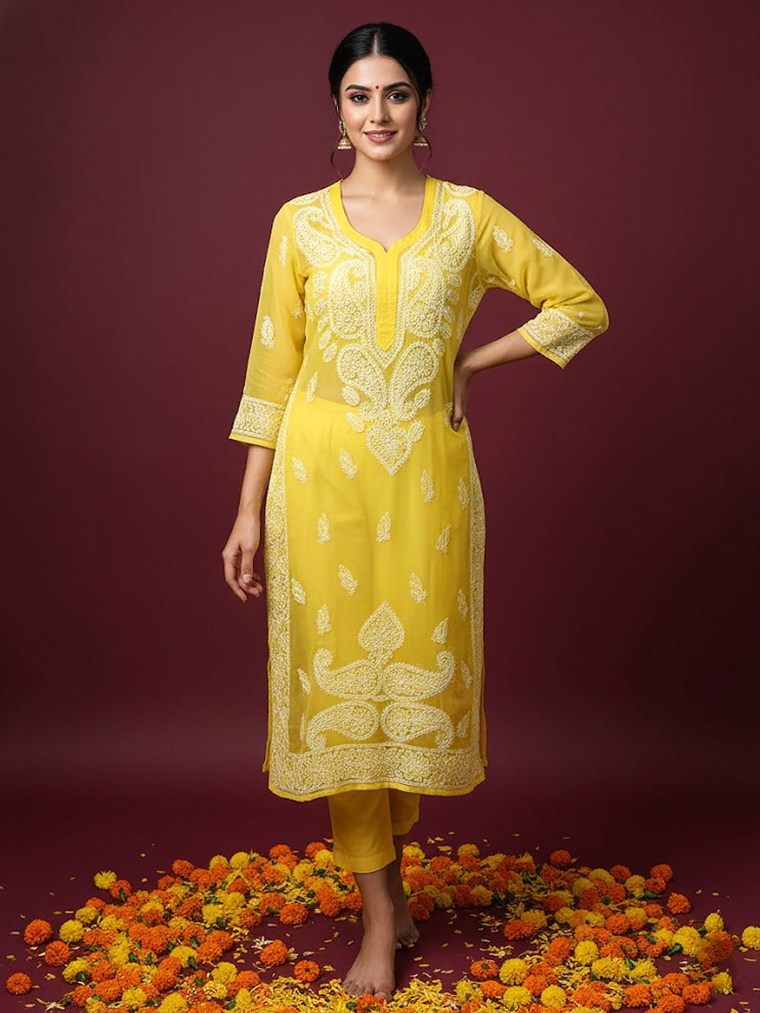 Yellow Georgette Chikankari Straight Kurti