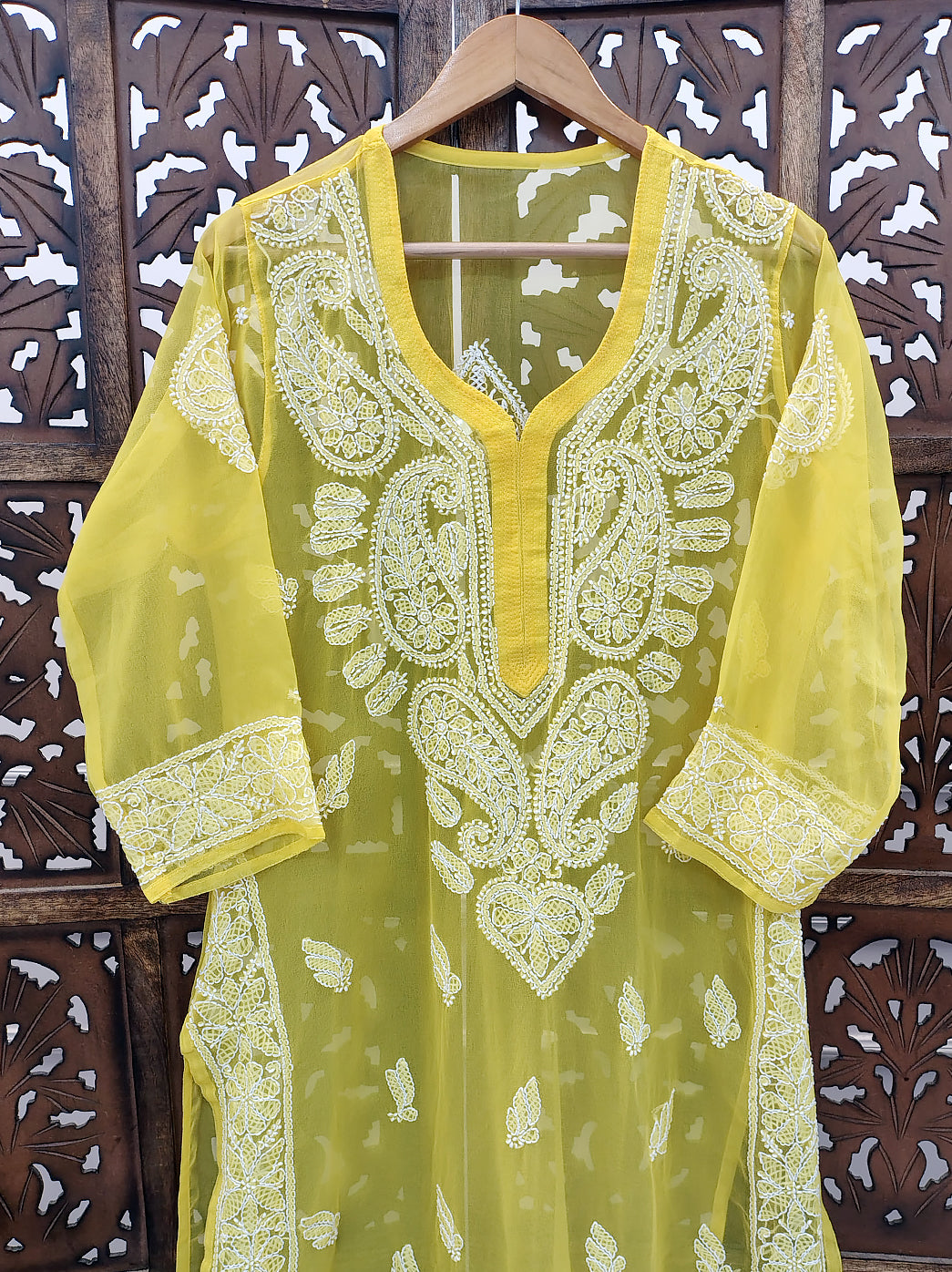 Yellow Georgette Chikankari Straight Kurti