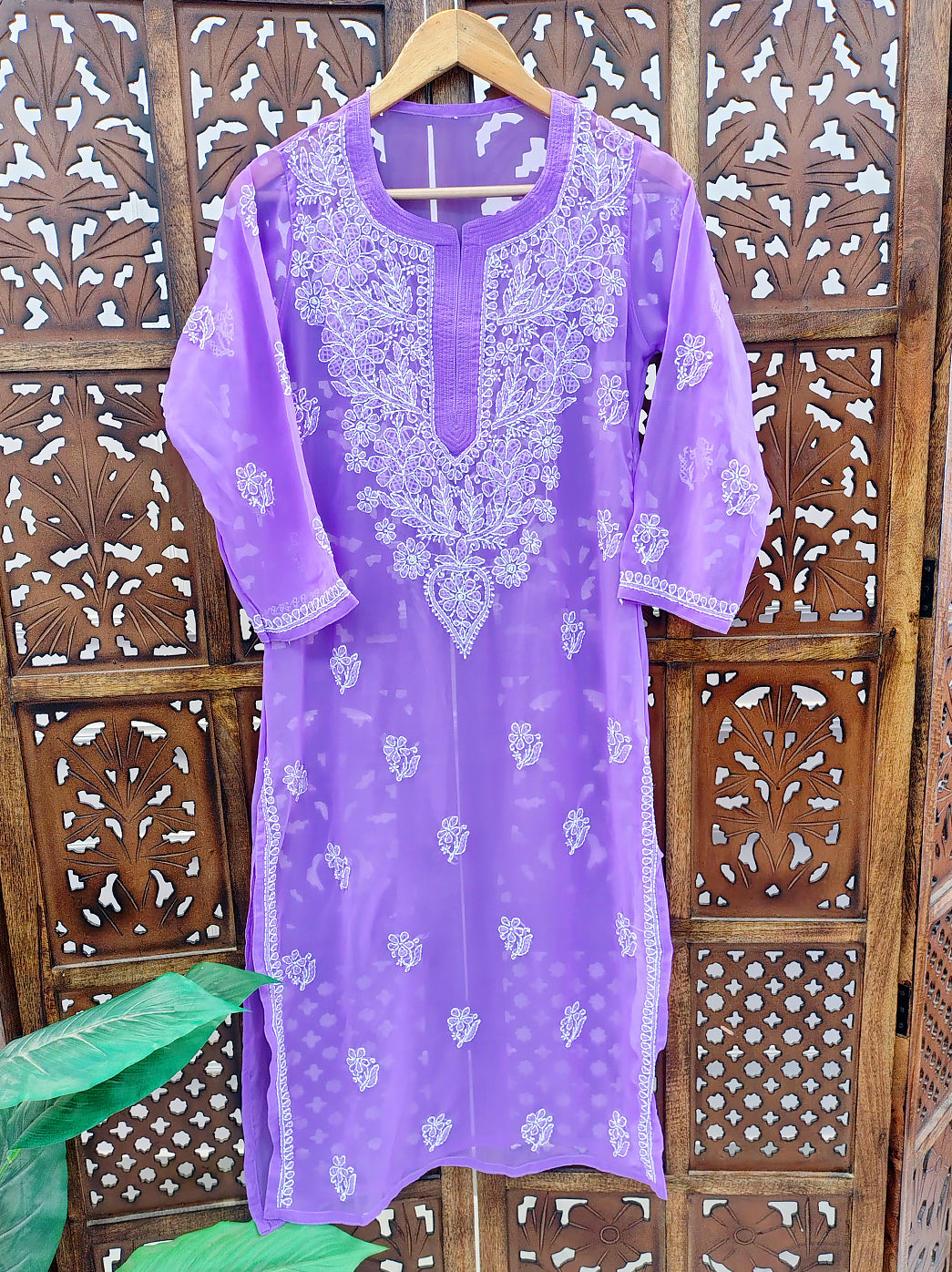 Lavender Georgette Chikankari Straight Kurti
