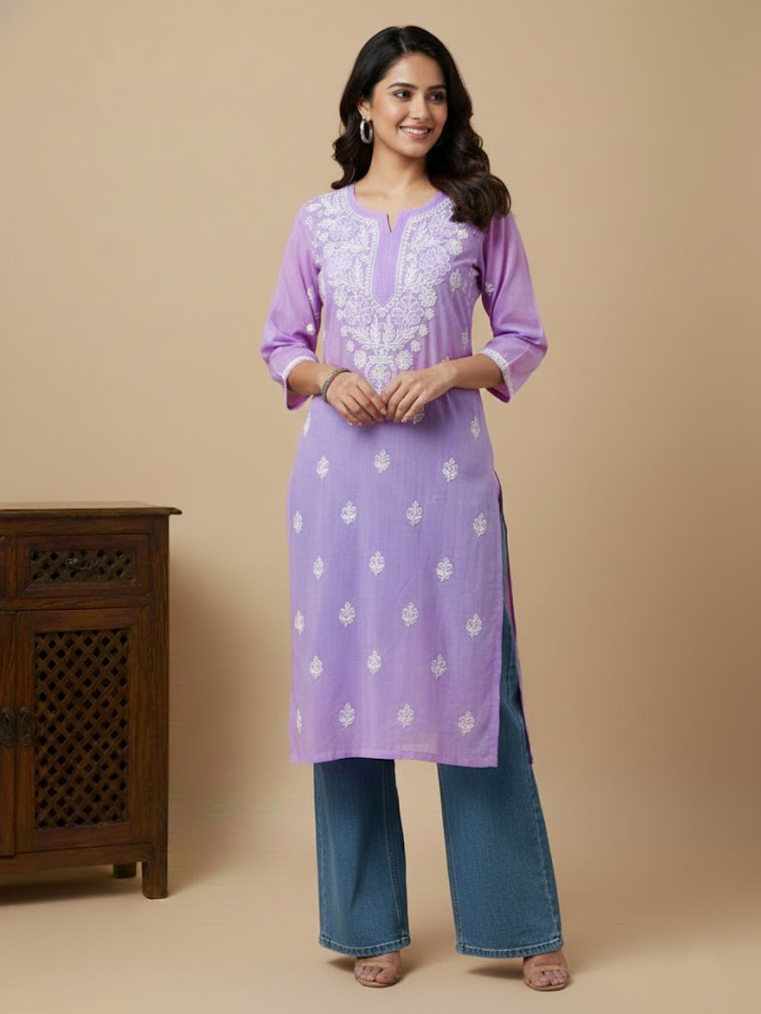 Lavender Georgette Chikankari Straight Kurti