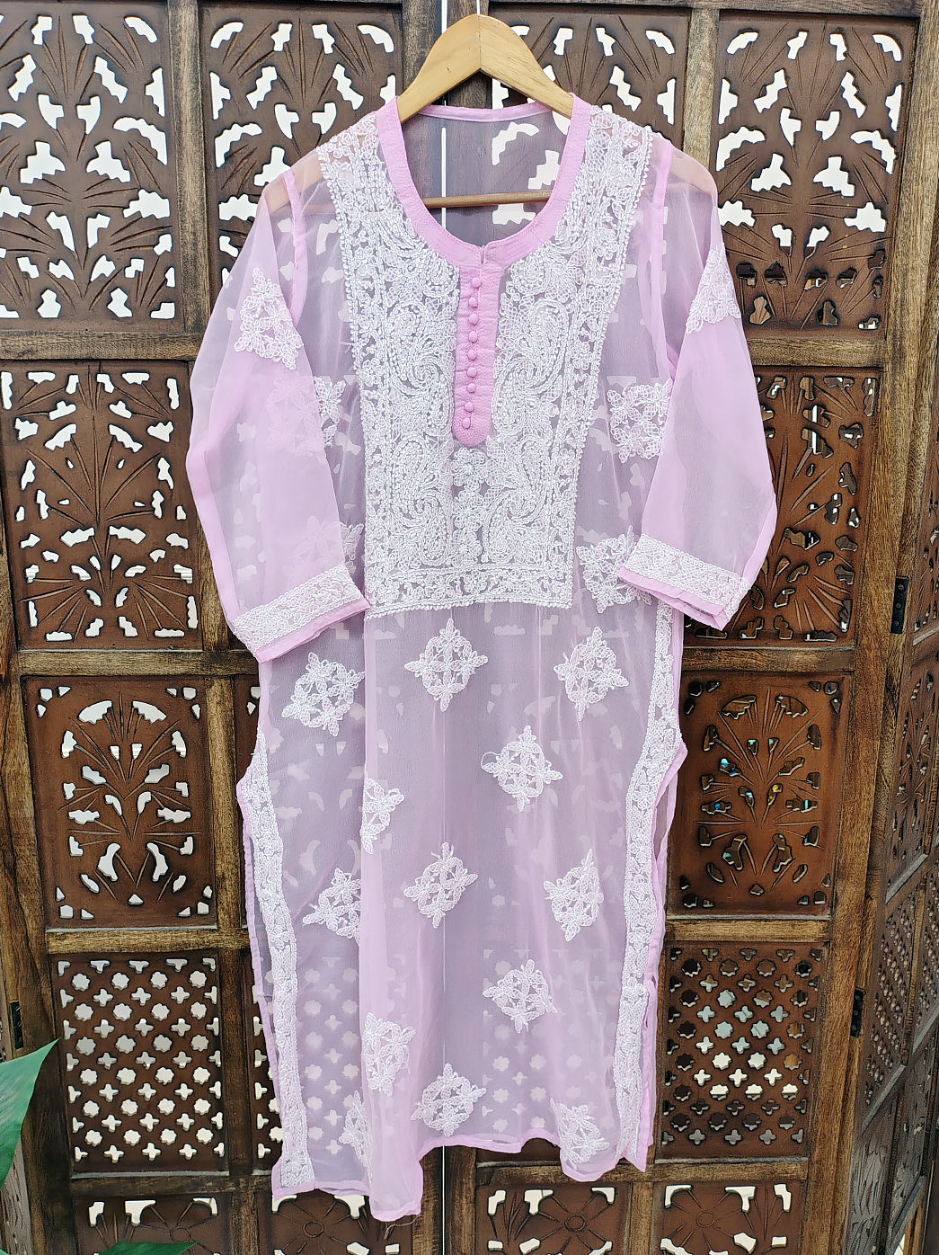 Pink Georgette Chikankari Straight Kurti