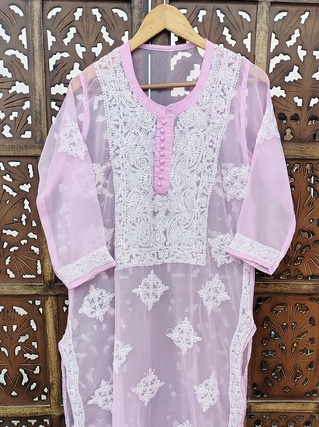 Pink Georgette Chikankari Straight Kurti