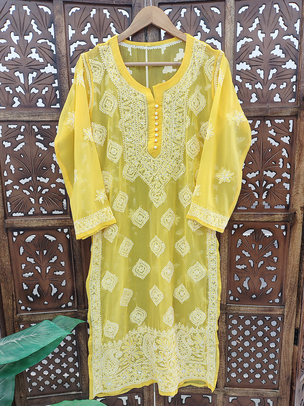 Yellow Georgette Chikankari Straight Kurti