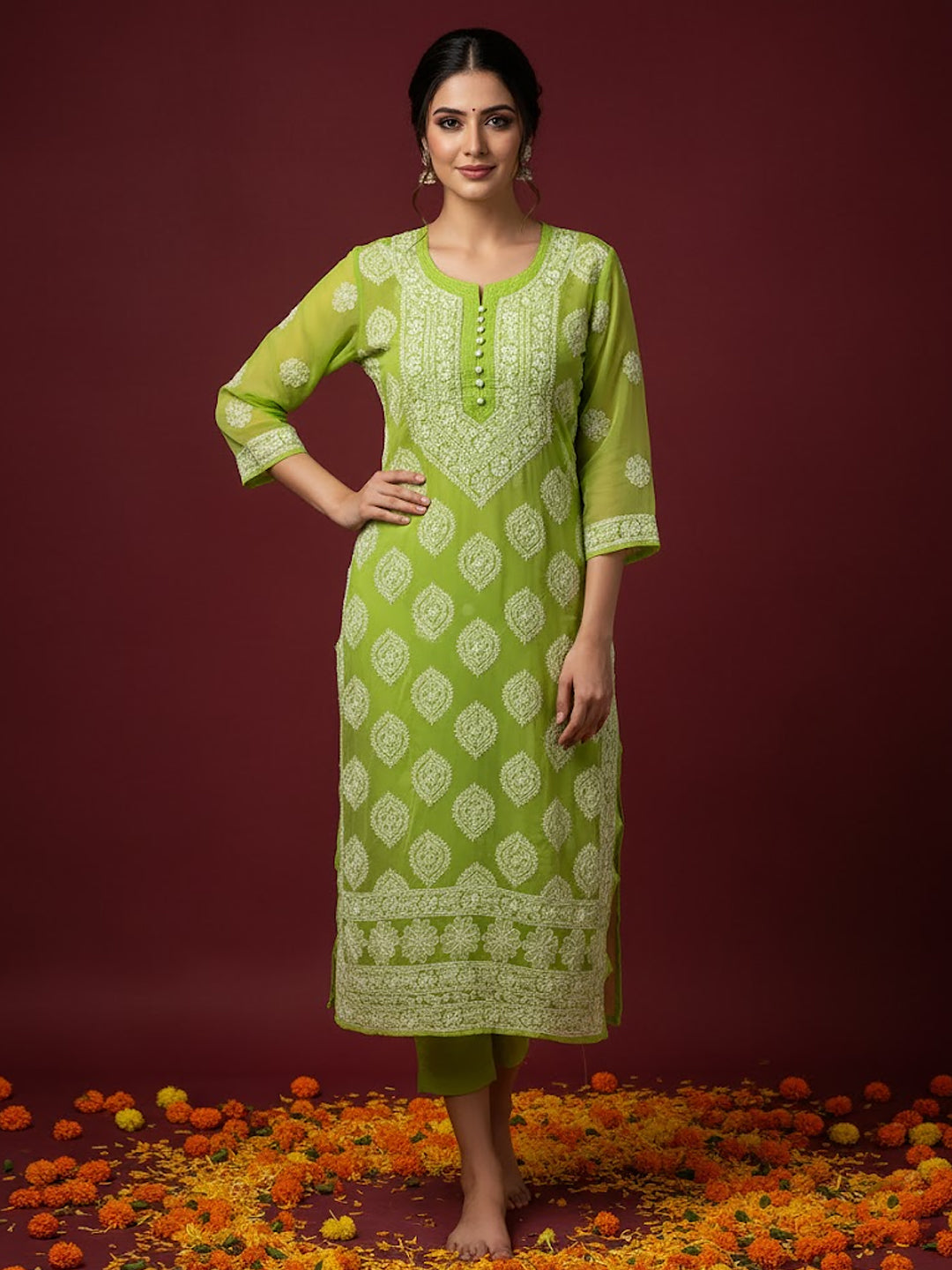 Pista Green Georgette Chikankari Straight Kurti
