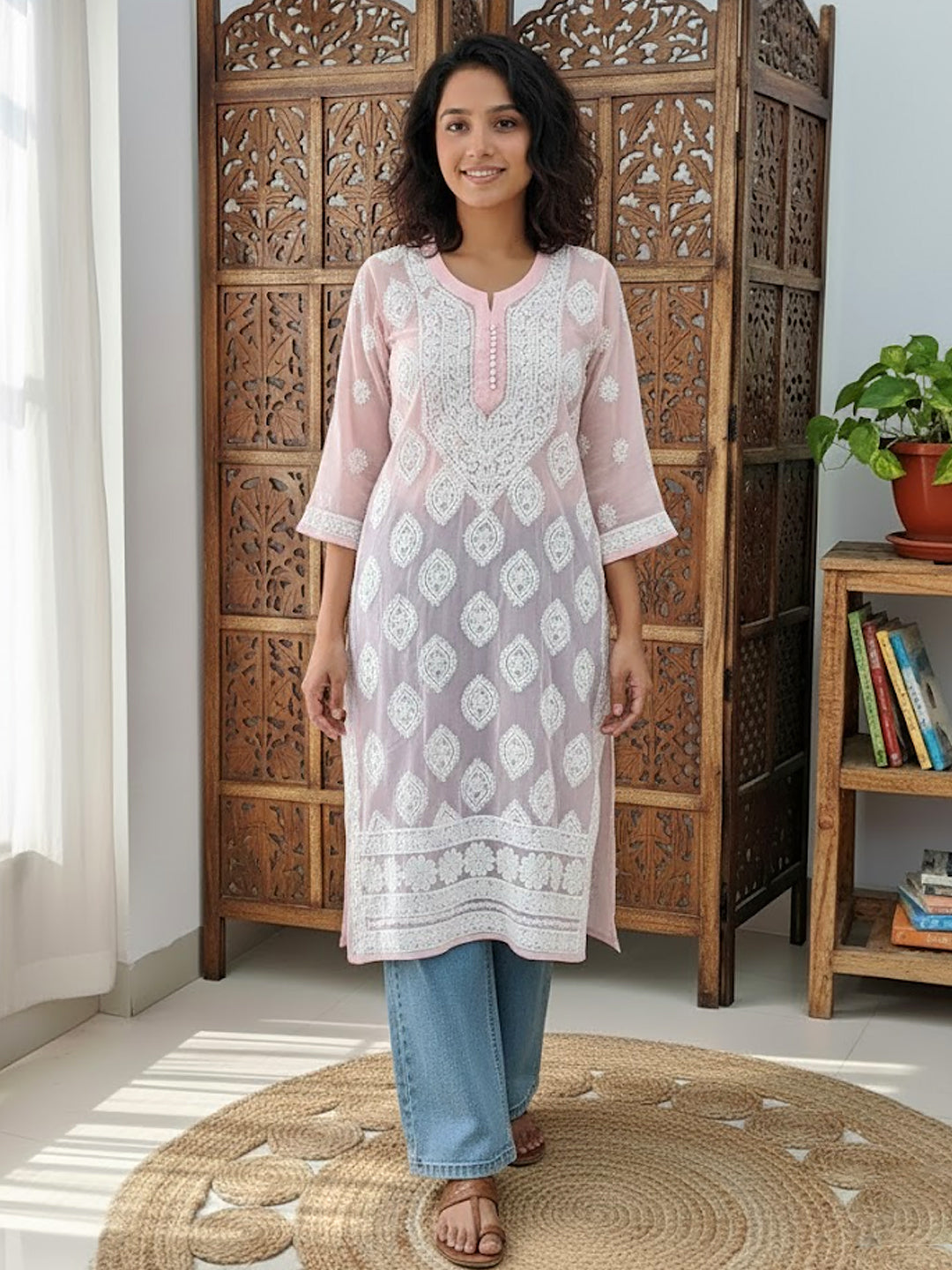 Peach Georgette Chikankari Straight Kurti