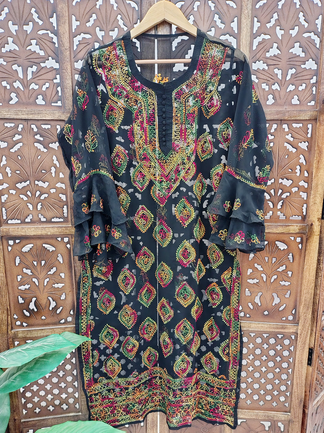 Black Multi Georgette Chikankari Straight Kurti