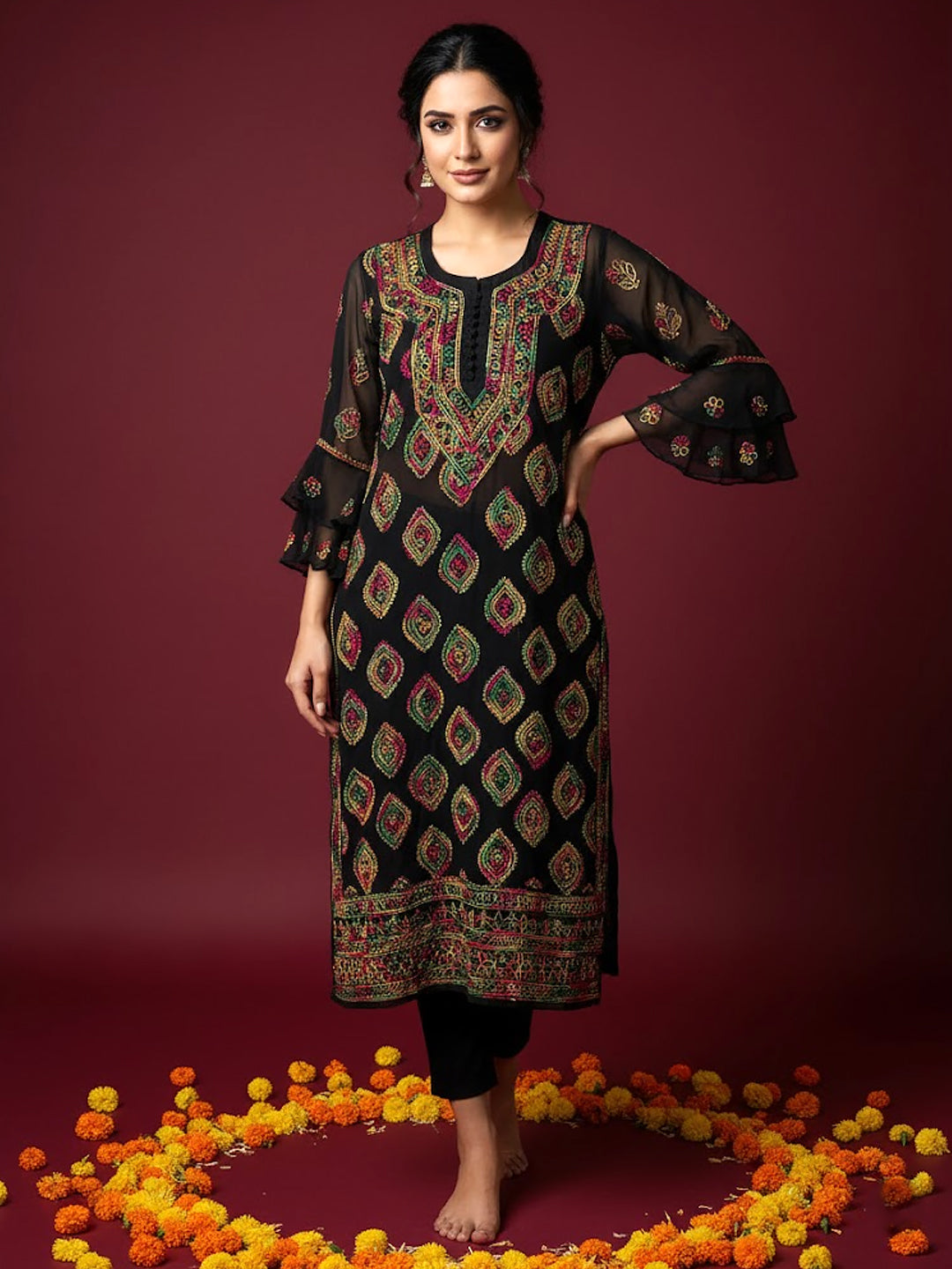 Black Multi Georgette Chikankari Straight Kurti