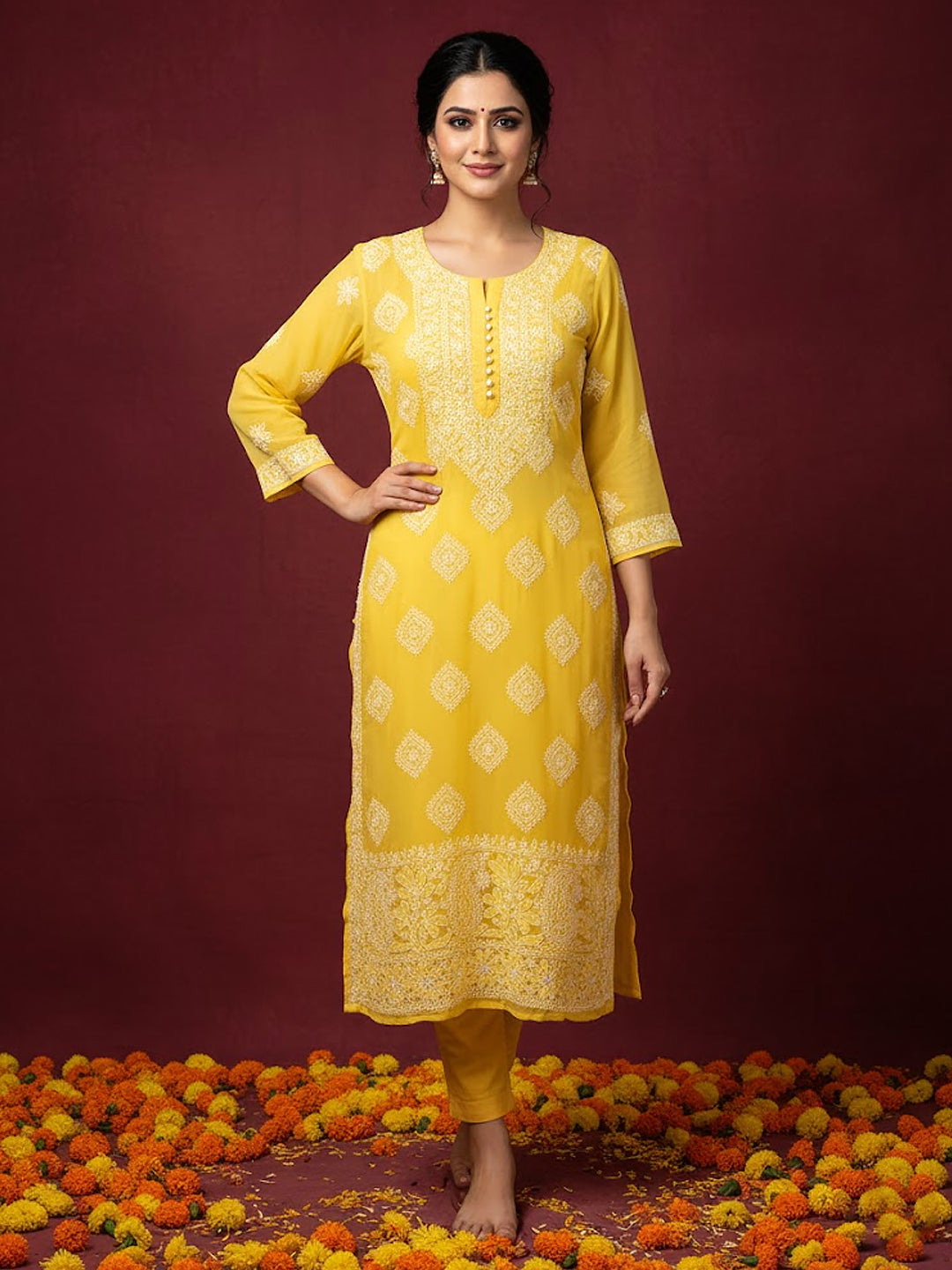 Yellow Georgette Chikankari Straight Kurti