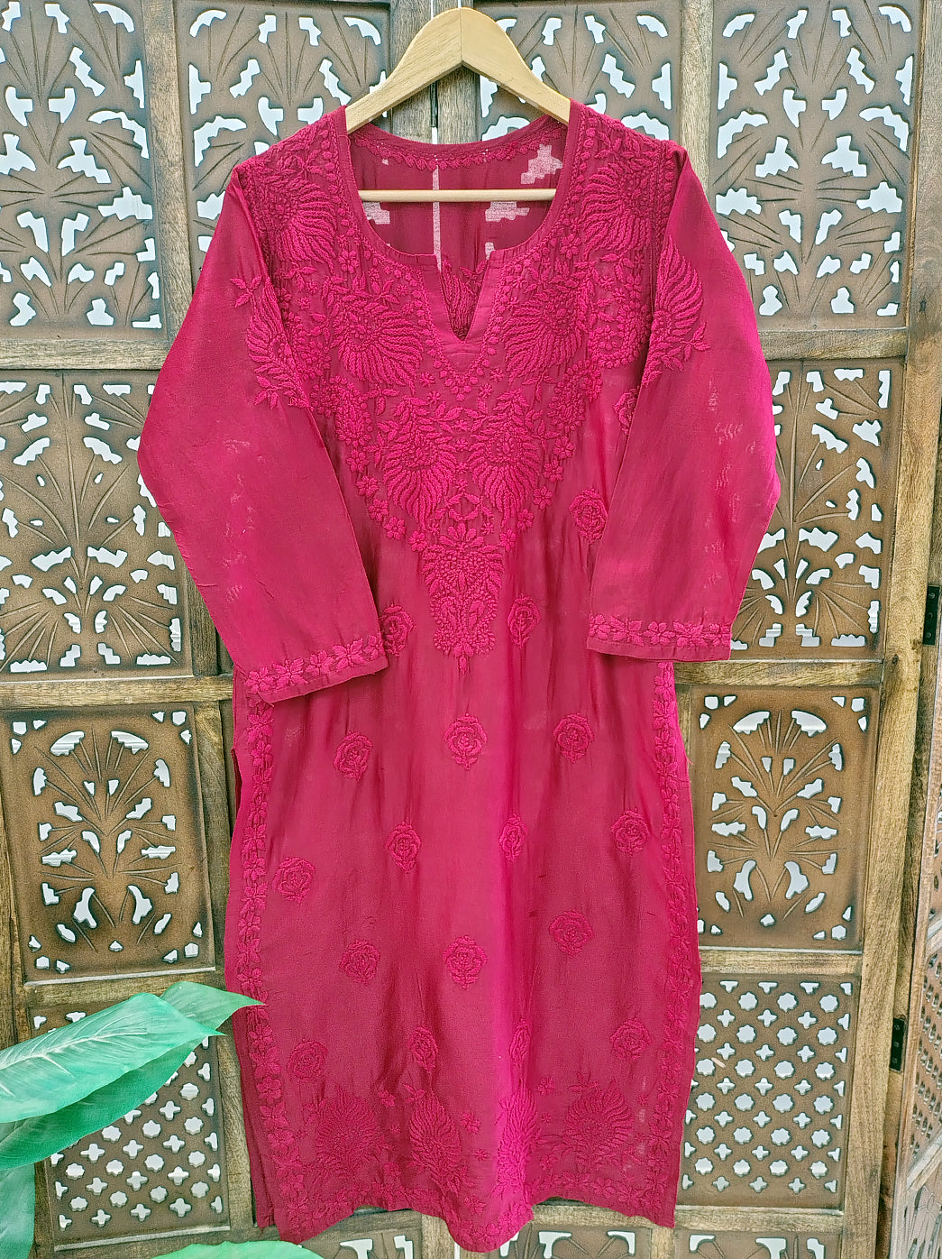 Maroon Chanderi Chikankari Straight Kurti