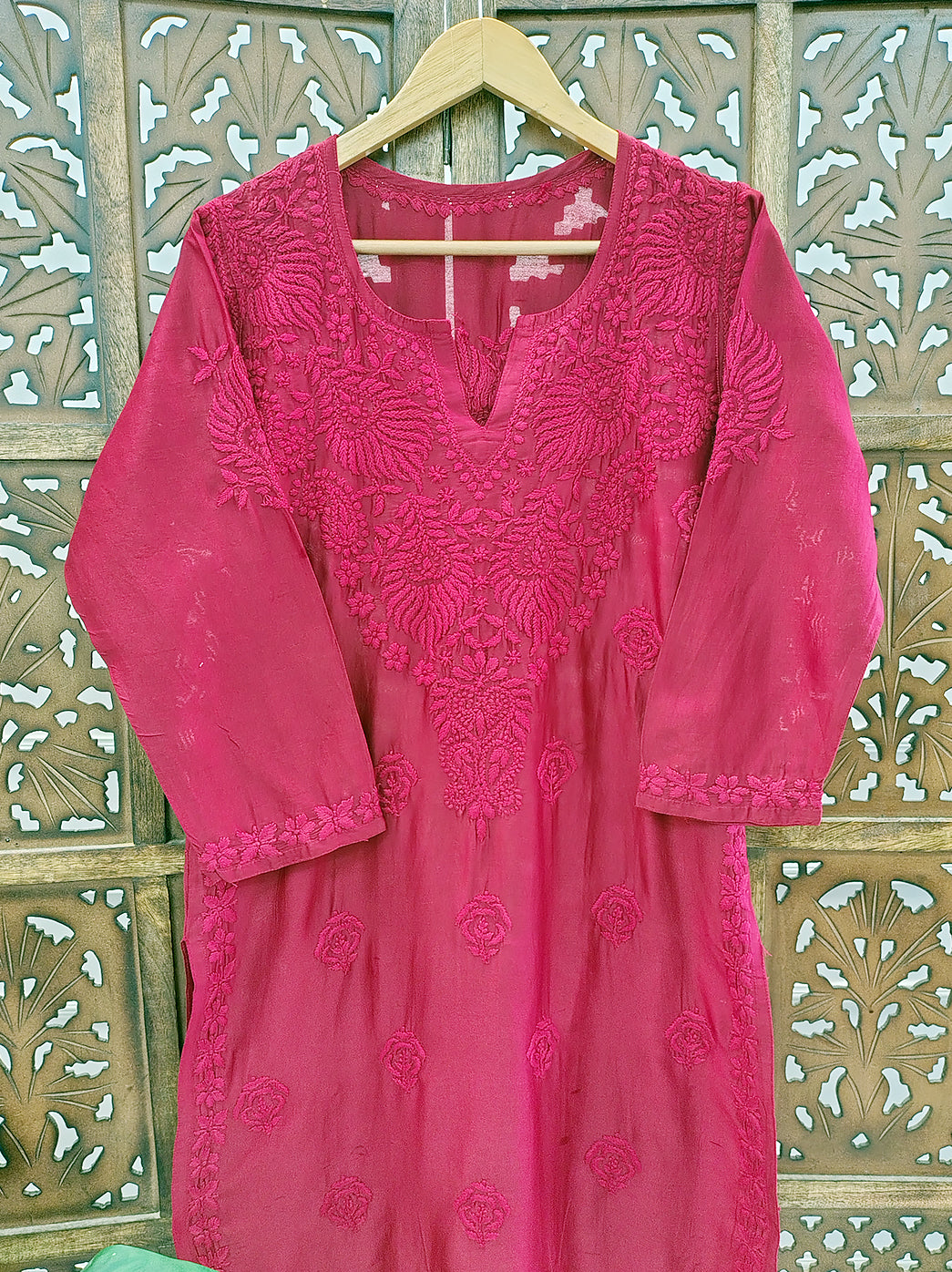 Maroon Chanderi Chikankari Straight Kurti