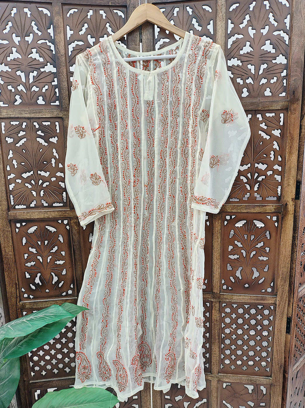 Beige Multi Georgette Chikankari Anarkali Kurti