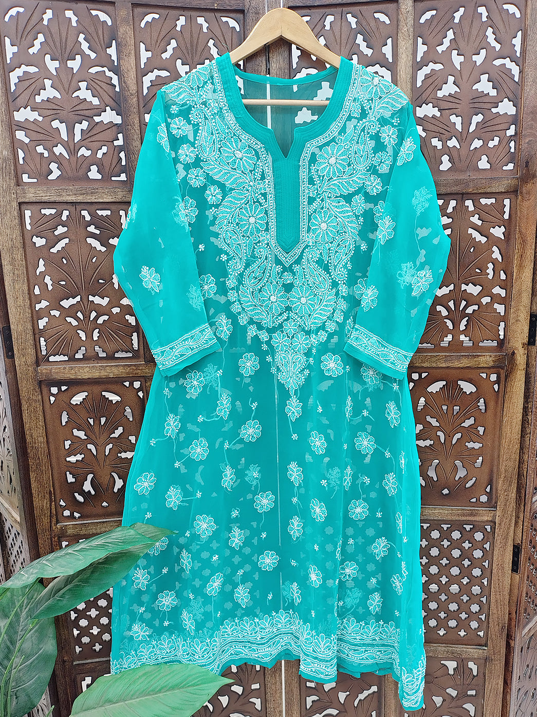 Sea Green Georgette A-Line Chikankari Kurti