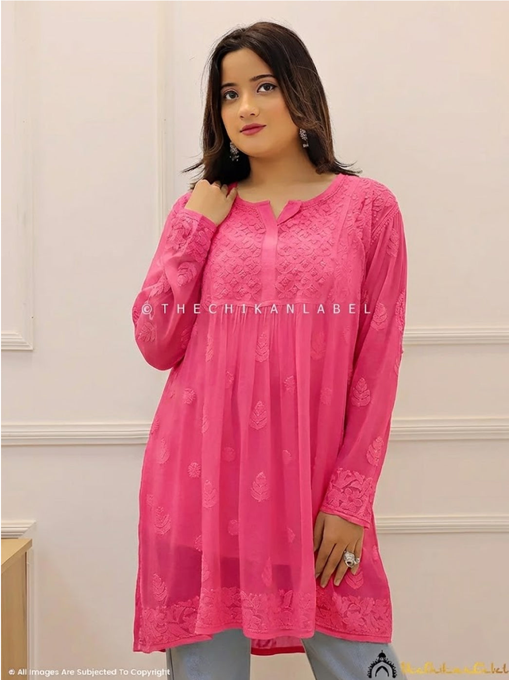 Pink Viscose Chikankari Short Top