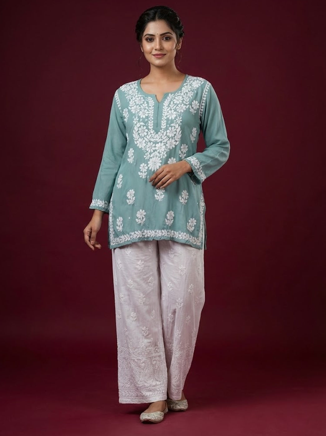 Green Rayon Chikankari Short Top