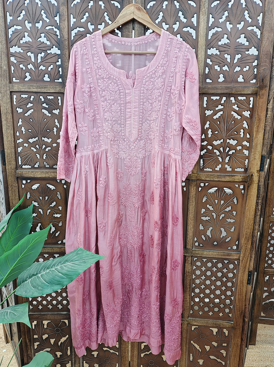 Rose Pink Muslin Chikankari A-Line Kurti