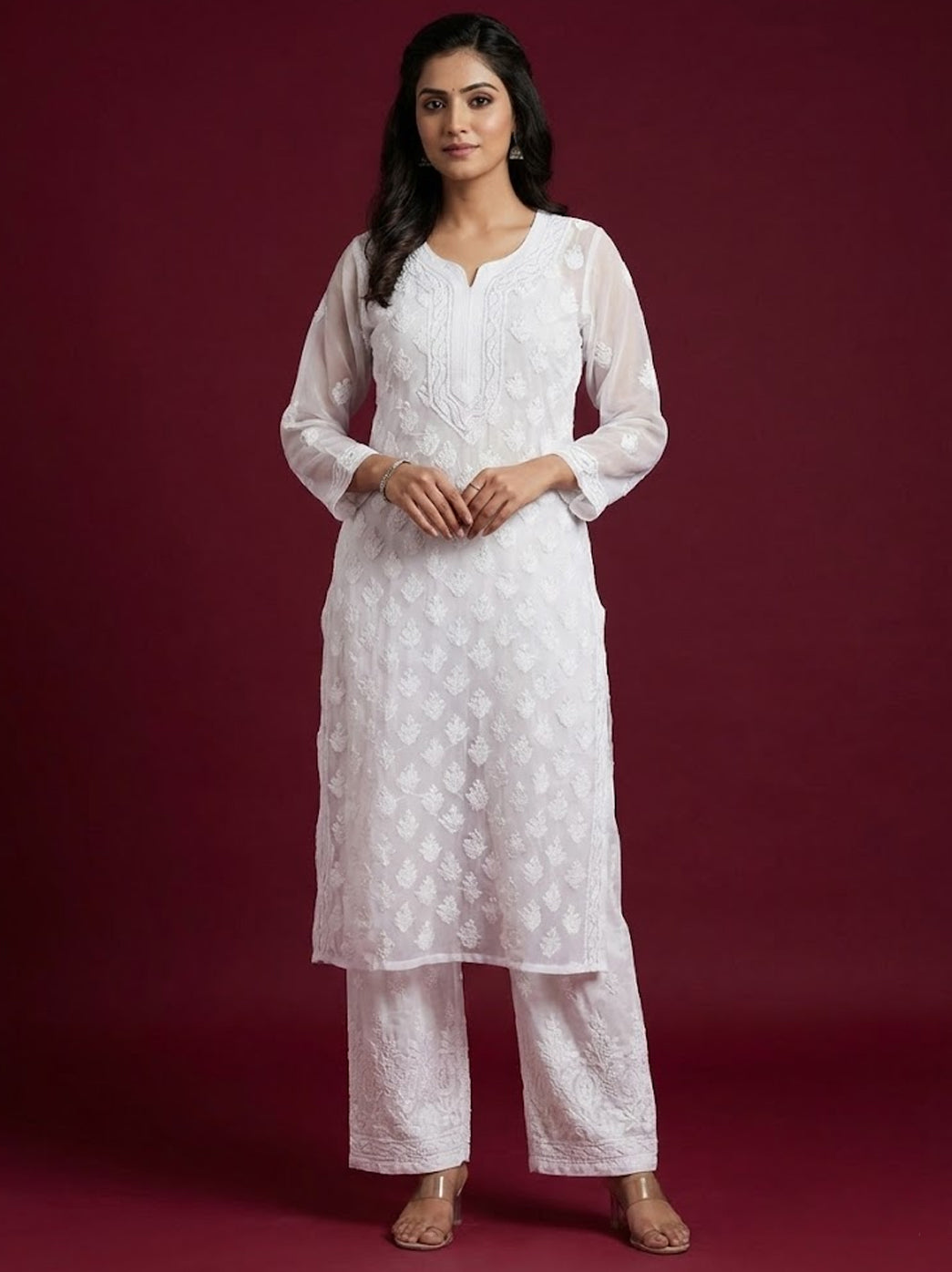 White Georgette Chikankari Straight Kurti