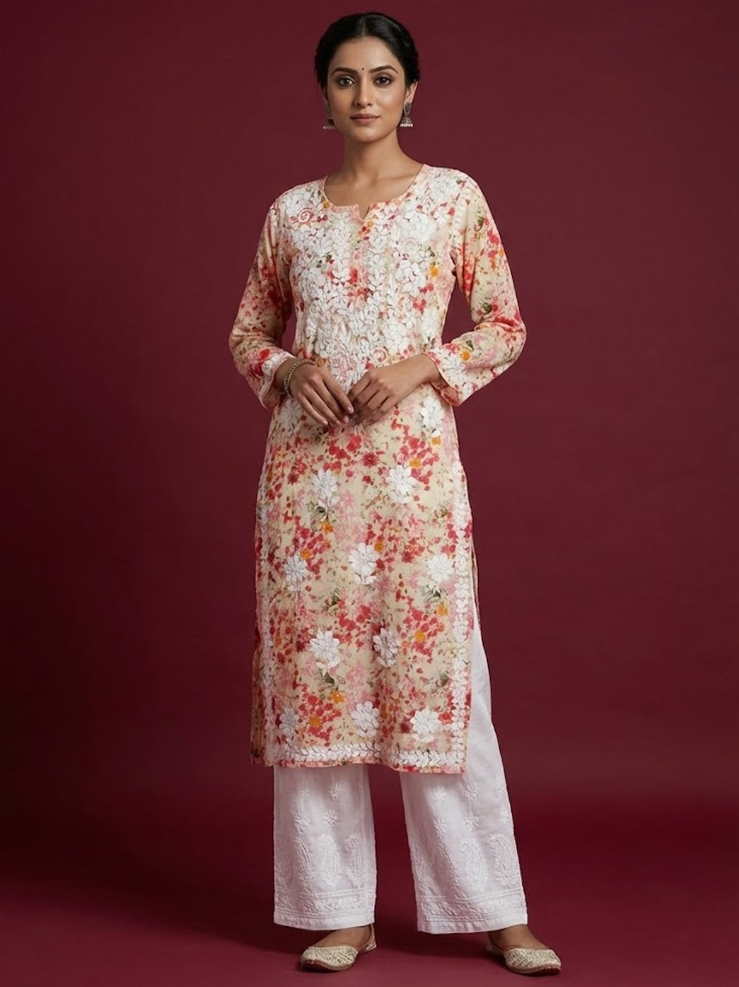Peach Mulmul Printed Chikankari Straight Kurti