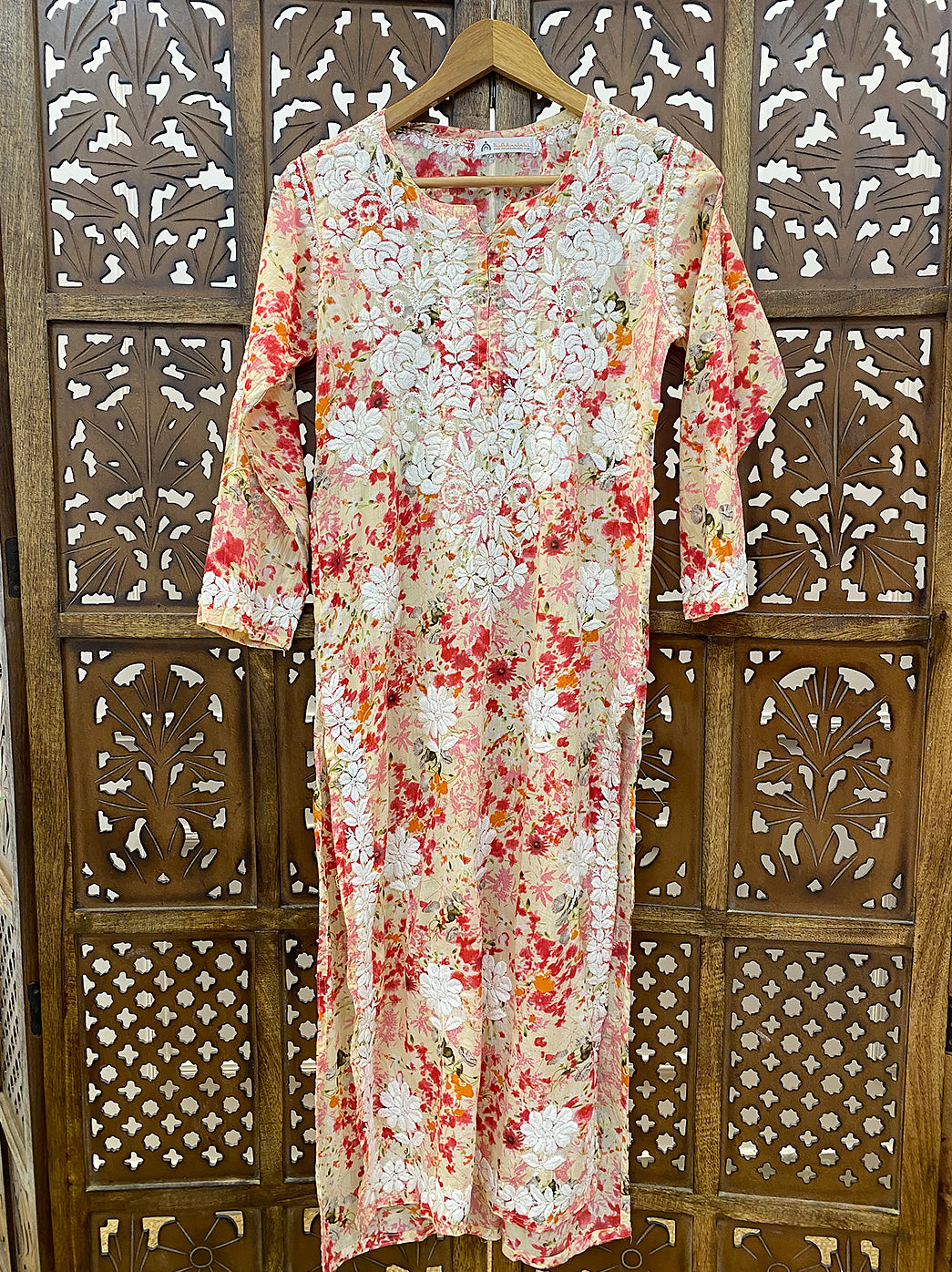 Peach Mulmul Printed Chikankari Straight Kurti