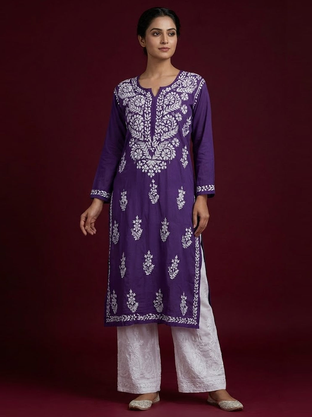 Purple Modal Chikankari Straight Kurti