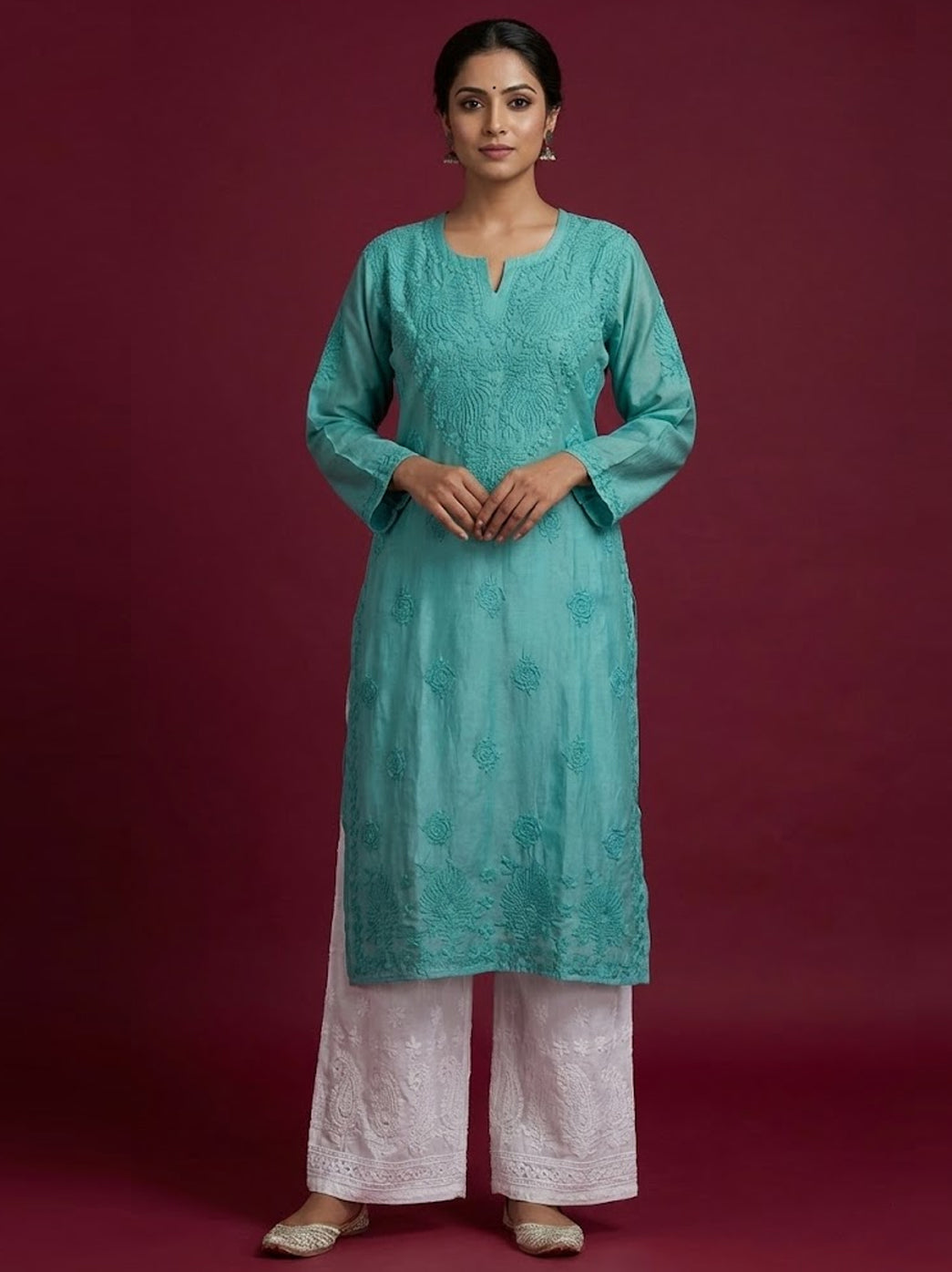 Green Chanderi Chikankari Straight Kurti