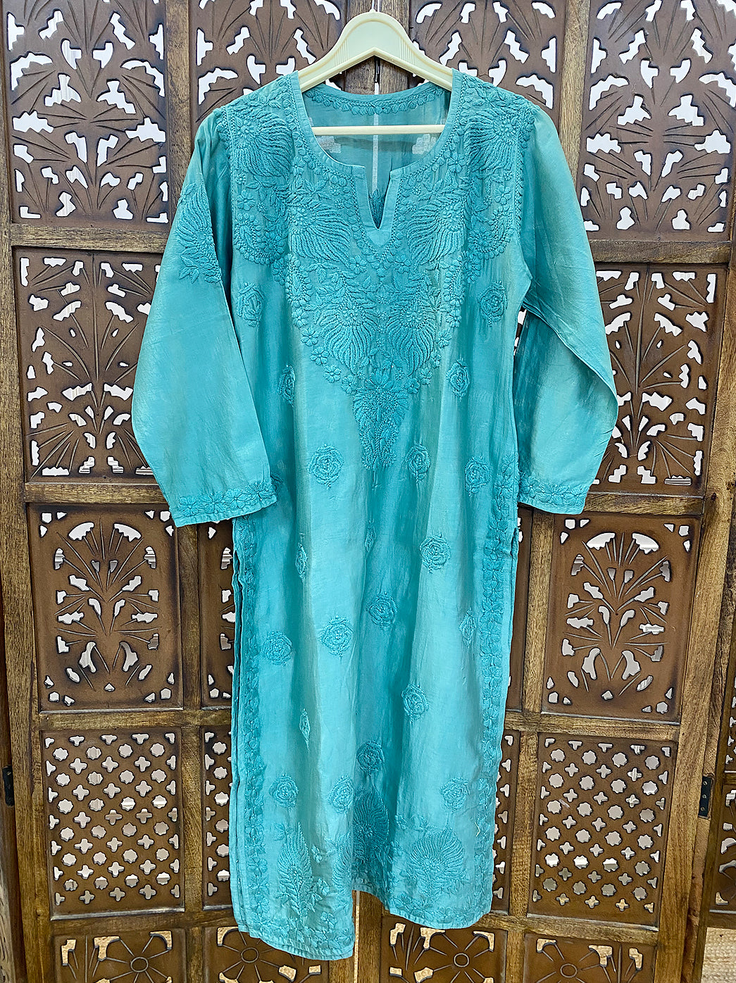 Green Chanderi Chikankari Straight Kurti