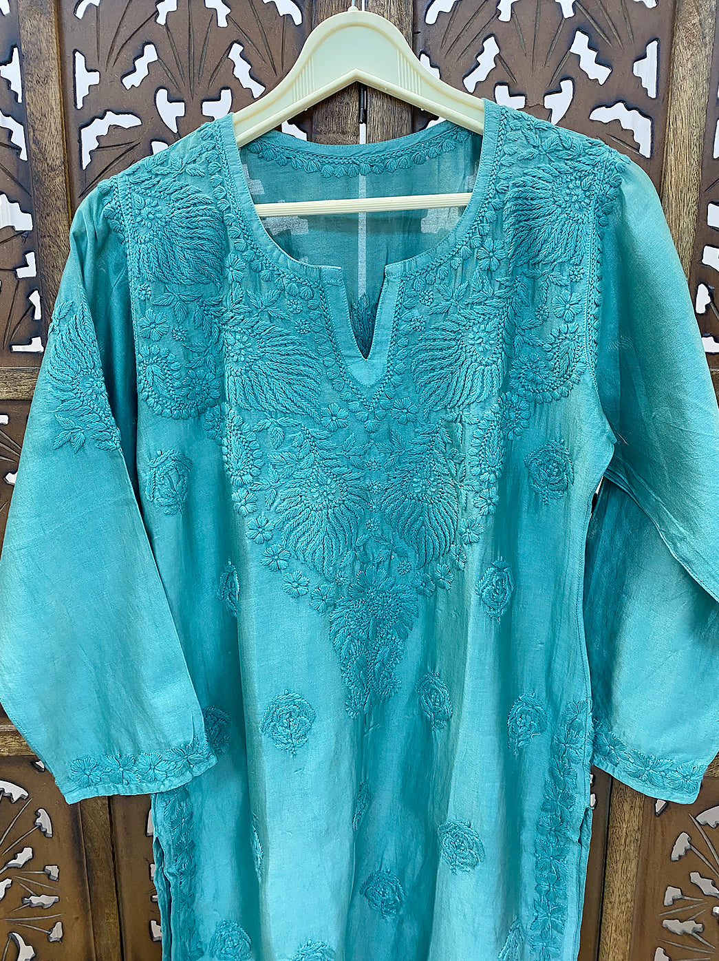 Green Chanderi Chikankari Straight Kurti